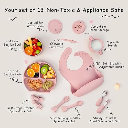Miniatura 2 de Juego de 13 piezas de silicona para bebés, juego de utensilios de destete LED para niños pequeños con ventosa y plato, 3 juegos de cuchara y tenedor