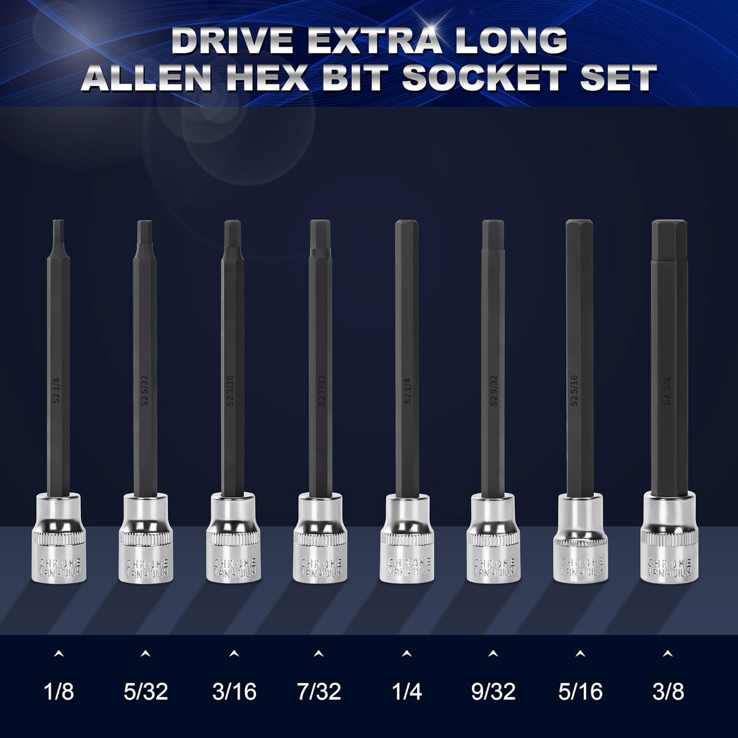 19-Piece 3/8 Inch Drive Extra Long Allen Hex Bit Socket Set, Standard SAE (1/8" - 3/8") & Metric(3mm-12mm) - Image 2