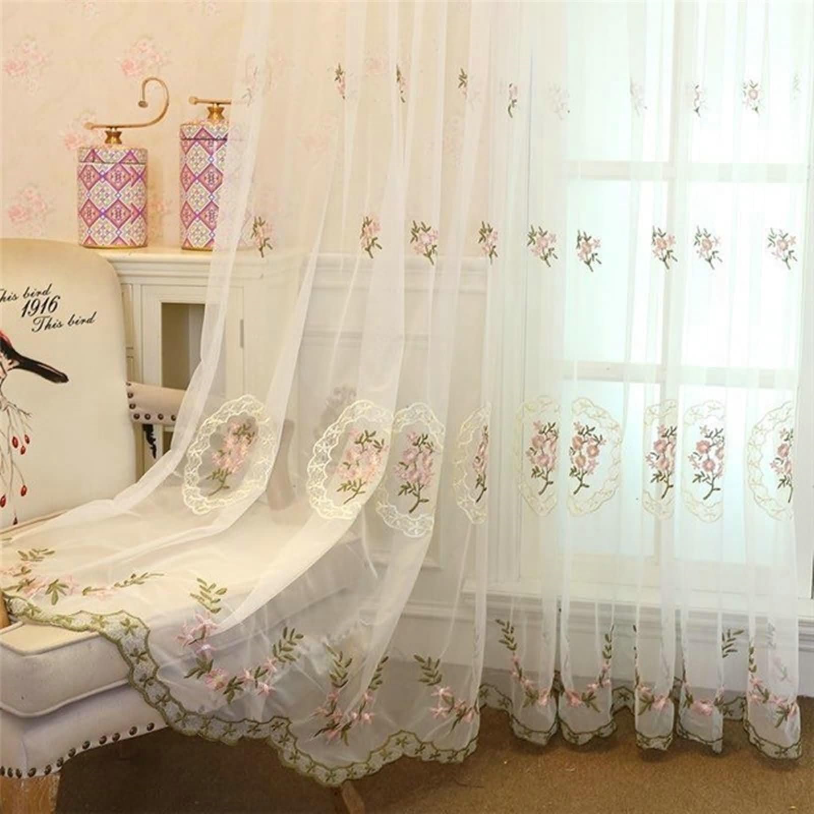 Gualiy Rideau Salon Lot de 2 Voilage, Rideaux Rose 107x244CM Rideau de Chambre Fleurs Brodé Rideau pour Chambre Salon