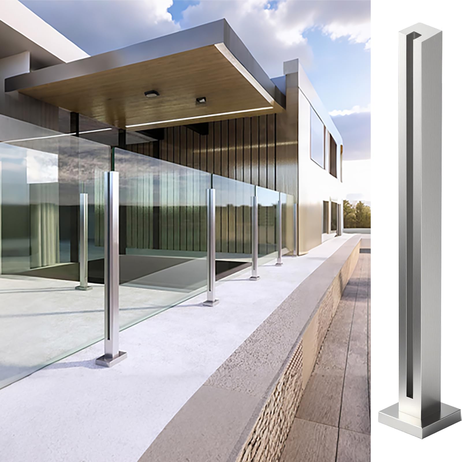 Szklany Słupek Balustradowy - Szklany System Balustrad Tarasowych Topless z otworami na Szpilki do Tarasów, Bchodów, Balkonów, Basenów, Ogrodów i Patio - Kwadrat ze Stali Nierdzewnej