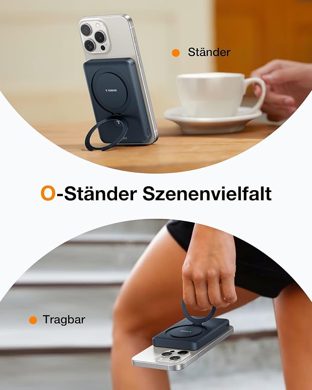 TORRAS 10000 mAh Mágneses Powerbank MagSafe Gyorstöltéssel és O Állvánnyal - 22.5W PD Vezeték Nélküli Hordozható Akkumulátor iPhone 16/15/14