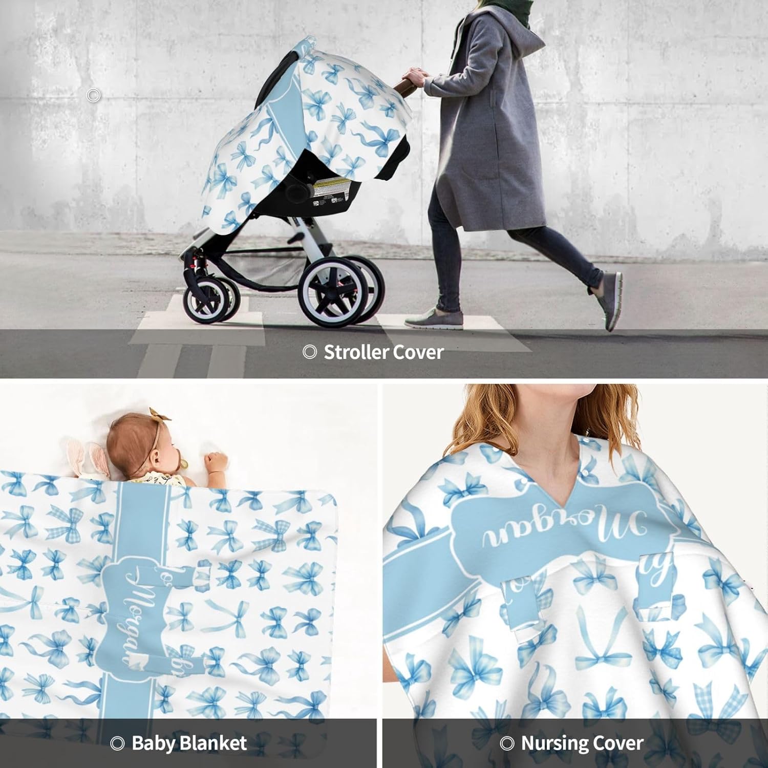 Personalized Baby Girl Car Seat Canopy for Babies, Custom Name Baby Car Seats Cover for Boys Girls, Blue Bow Opening Minky Nursing Breastfeeding Covers for Infant, Carseat Canopies for Newborn