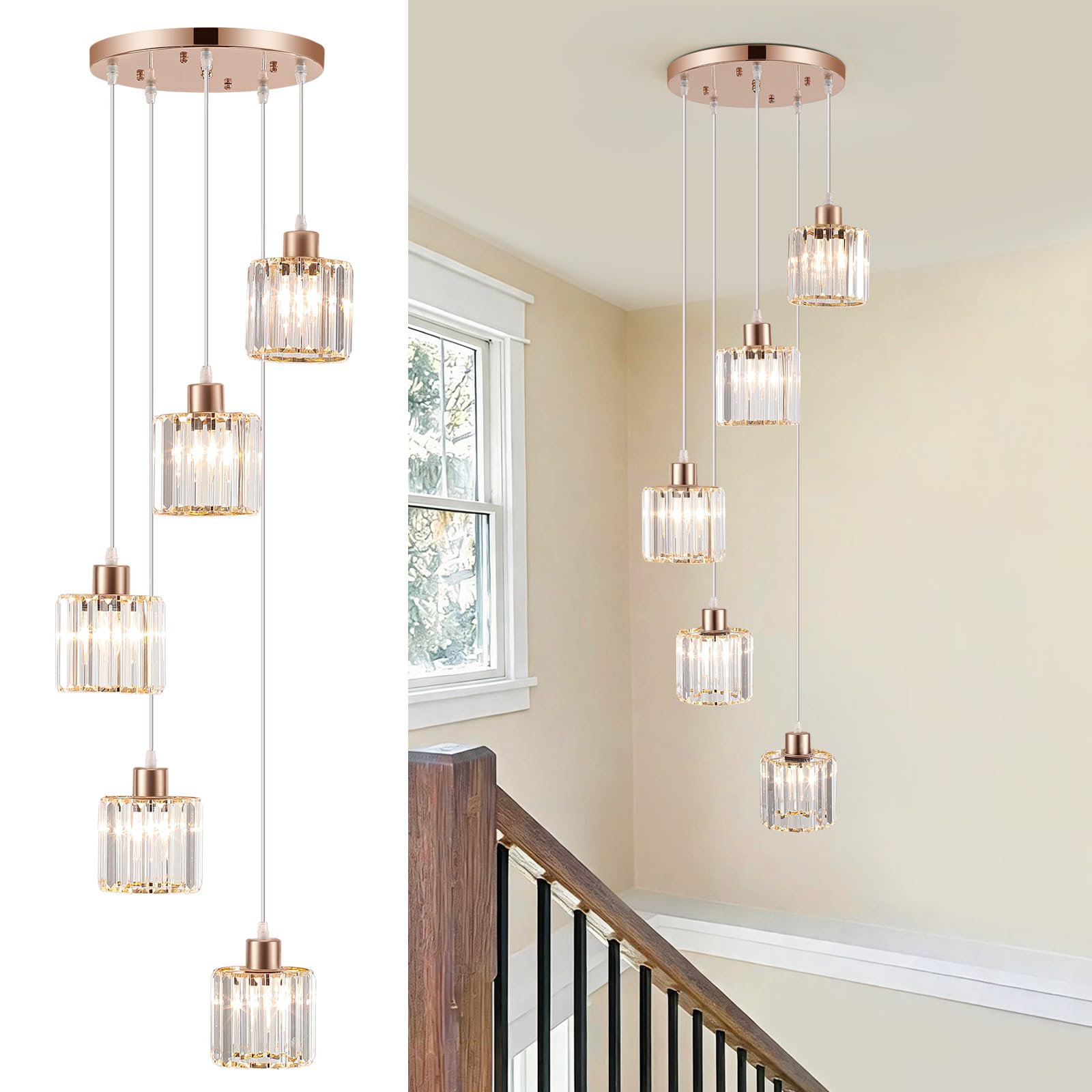LXWNYY Gold Modern Crystal 5-Light Pendant Ceiling Light, Adjustable Height, Flush Mount for Dining Room, Kitchen, Bedroom, Hallway, Lounge