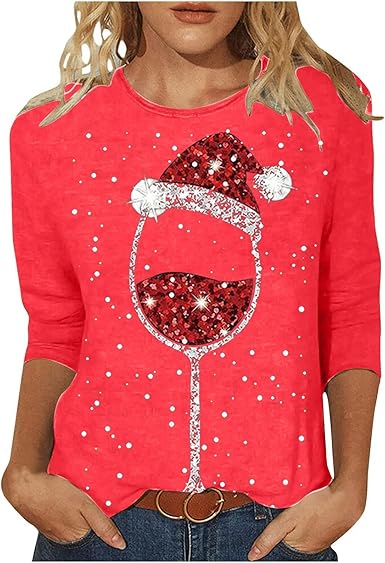 2025 - T-shirt à Motif De Noël Pour Femme, Verre à Vin Rouge, Imprimé, Col Rond, Manches Trois-quarts, Haut Décontracté, Chemises En Flanelle, Extra, Seize If Grey, 3XL