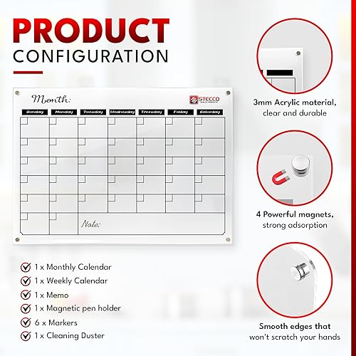 Miniatura 3 de STECCO Calendario magnético para nevera de borrado en seco. Calendario mensual acrílico de borrado en seco. Calendario magnético acrílico para
