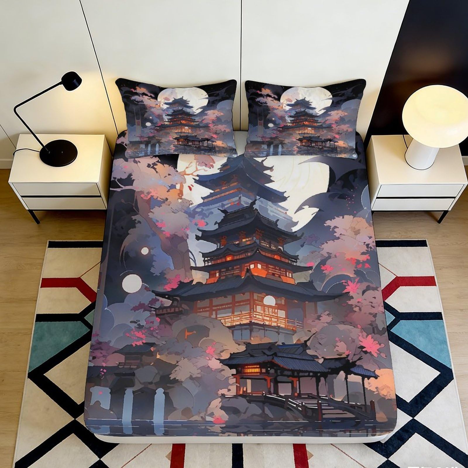 3D Printed Oriental Pagoda Fitted Sheet Microfiber Soft Autumn Landscape Bed Cover for Bedroom Guest Room Decor 90x200x25cm