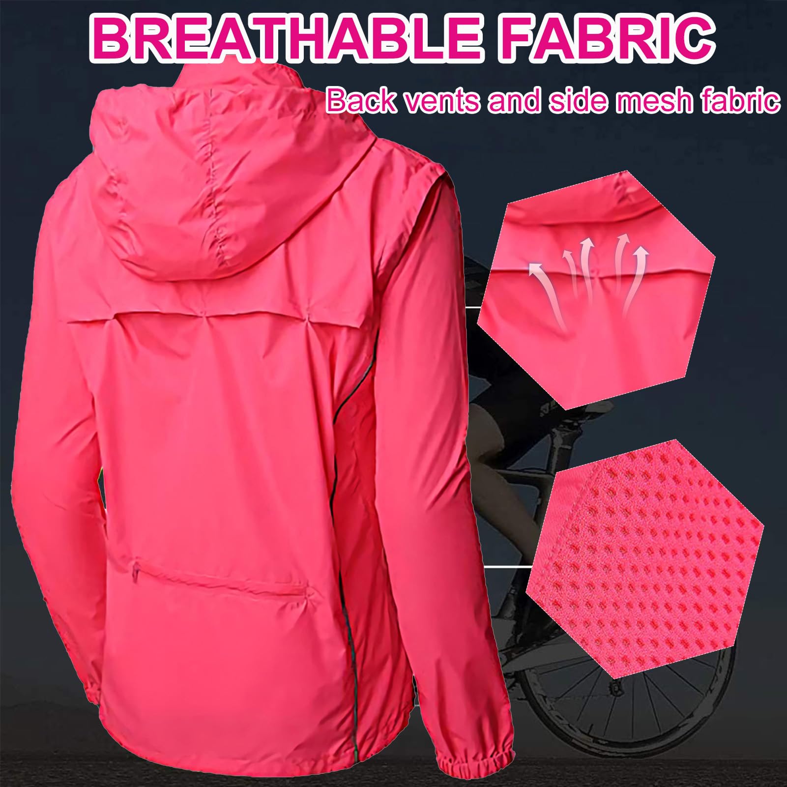 Fractilian Chaqueta de Ciclismo para Mujer Impermeable Transpirable con Capucha Cortavientos 2 en 1 Protección UV Chaleco de Bici Reflectante con Mangas Extraíbles
