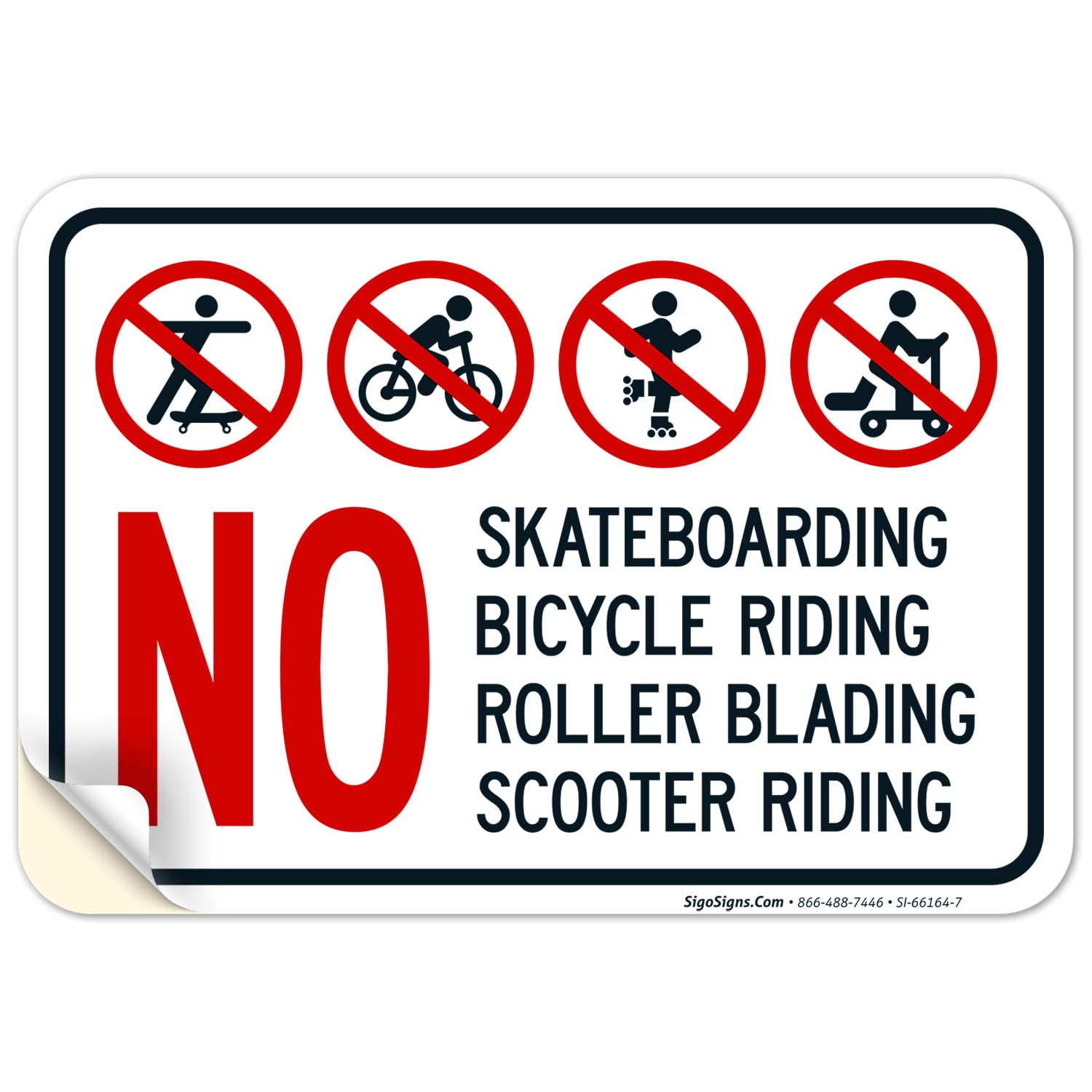 No Skateboarding No Bicycle Riding No Roller Blading No Scooter Sign, 10x7 Inches, 4 Mil Vinyl Decal Stickers Weather Resistant, Made in USA