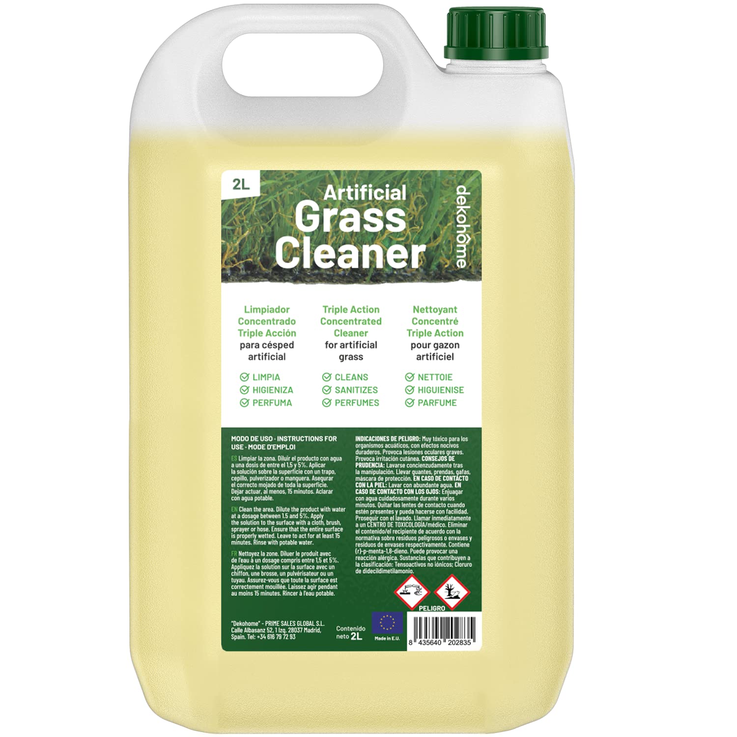 Higienizador Césped Artificial, Concentrado, Triple acción: Limpia, Higieniza y Perfuma, 2L