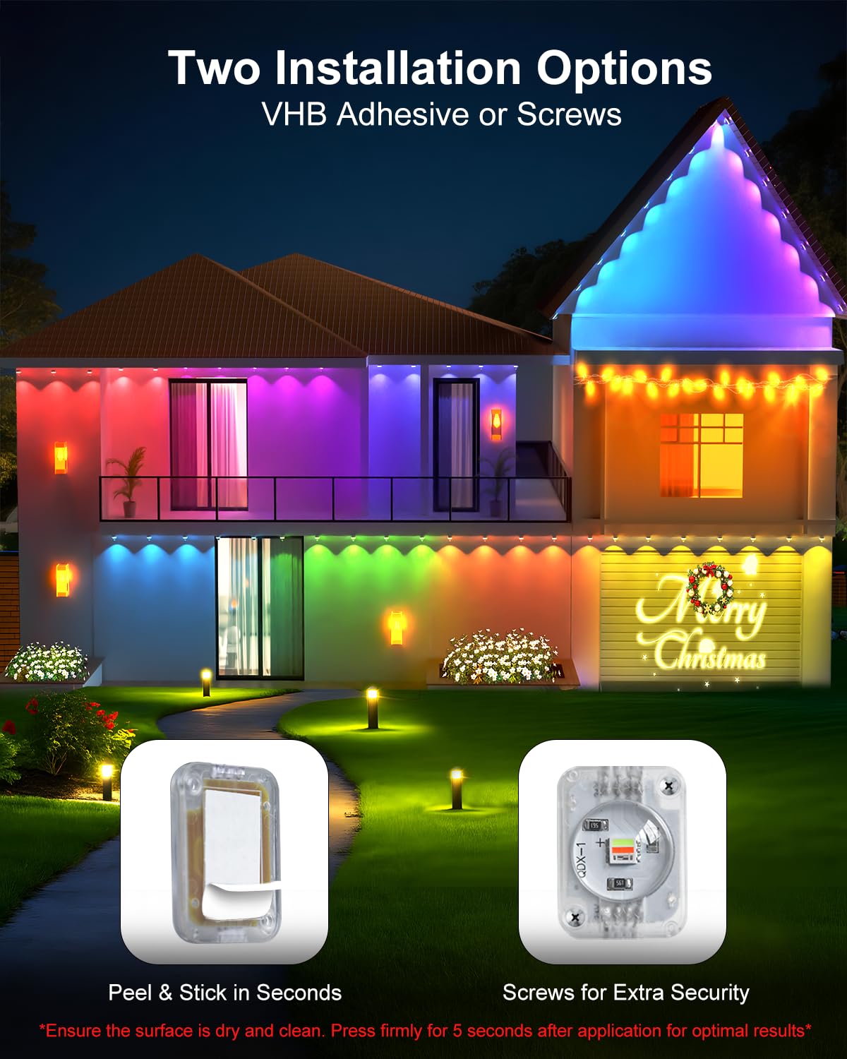 Image of a house with colorful eave lights synchronized to music, with musical notes and a speaker icon overlayed.