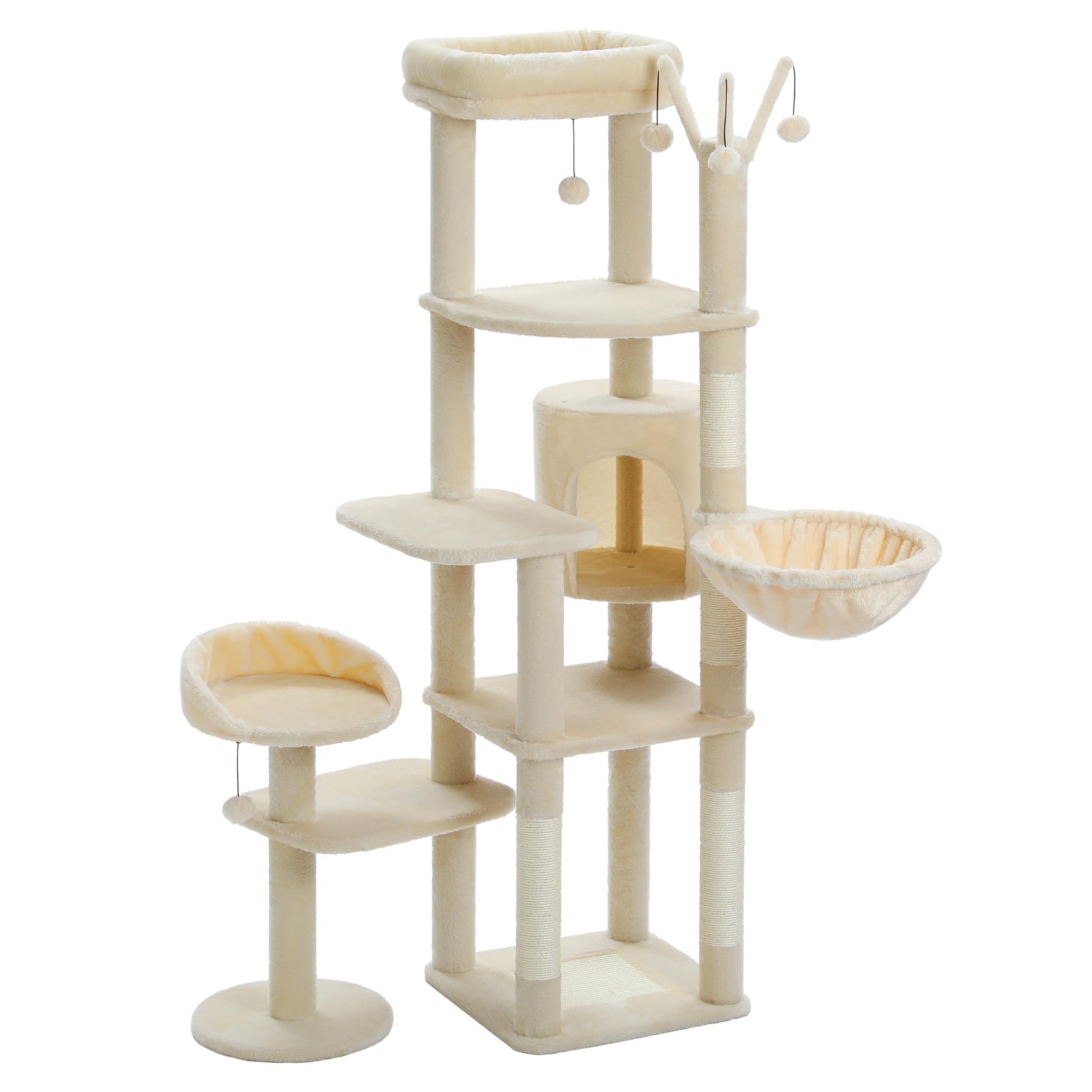 PETEPELA Árbol Rascador de 150 cm, Torre de Varios Pisos para Gatos Grandes y Medianos, con Hamaca Grande, Apartamento Privado, Rascador de Sisal y Bola de Pompón Esponjosa