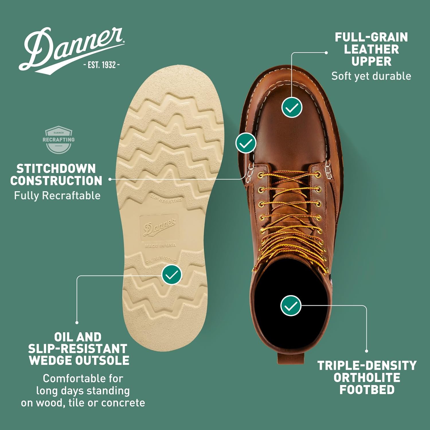 Danner 8” Bull Run Moc Toe Work Boots for Men - Durable Full-Grain Leather with Non Slip Wedge Outsole and 3-Density Cushion Footbed, EH Resistant