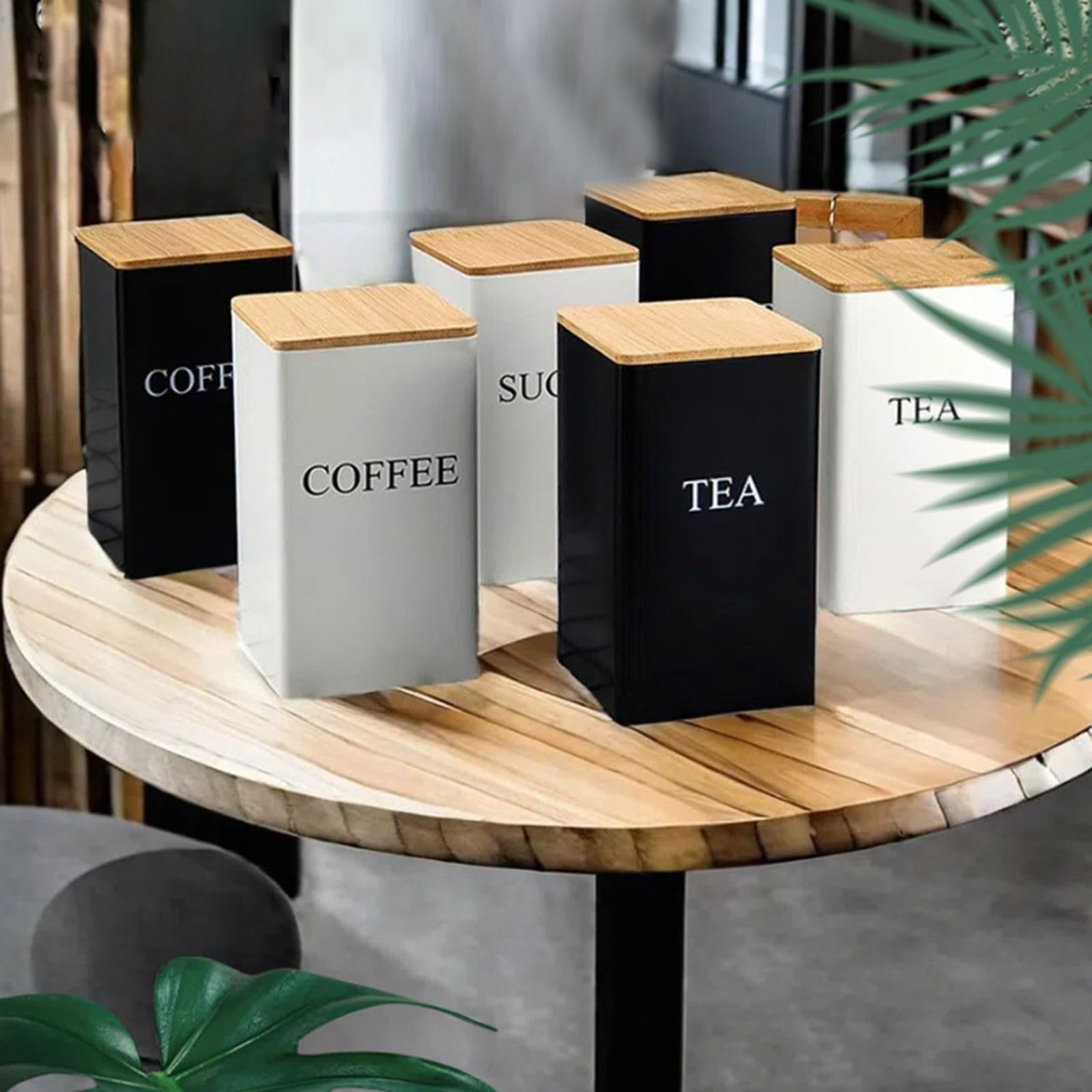 Lot de 3 boîtes de rangement en métal pour thé, café, sucre, 1000 ml, avec couvercle hermétique en bambou Lot de 3 boîtes de rangement en métal pour thé, café, sucre, 1000 ml, avec couvercle hermétique en bambou