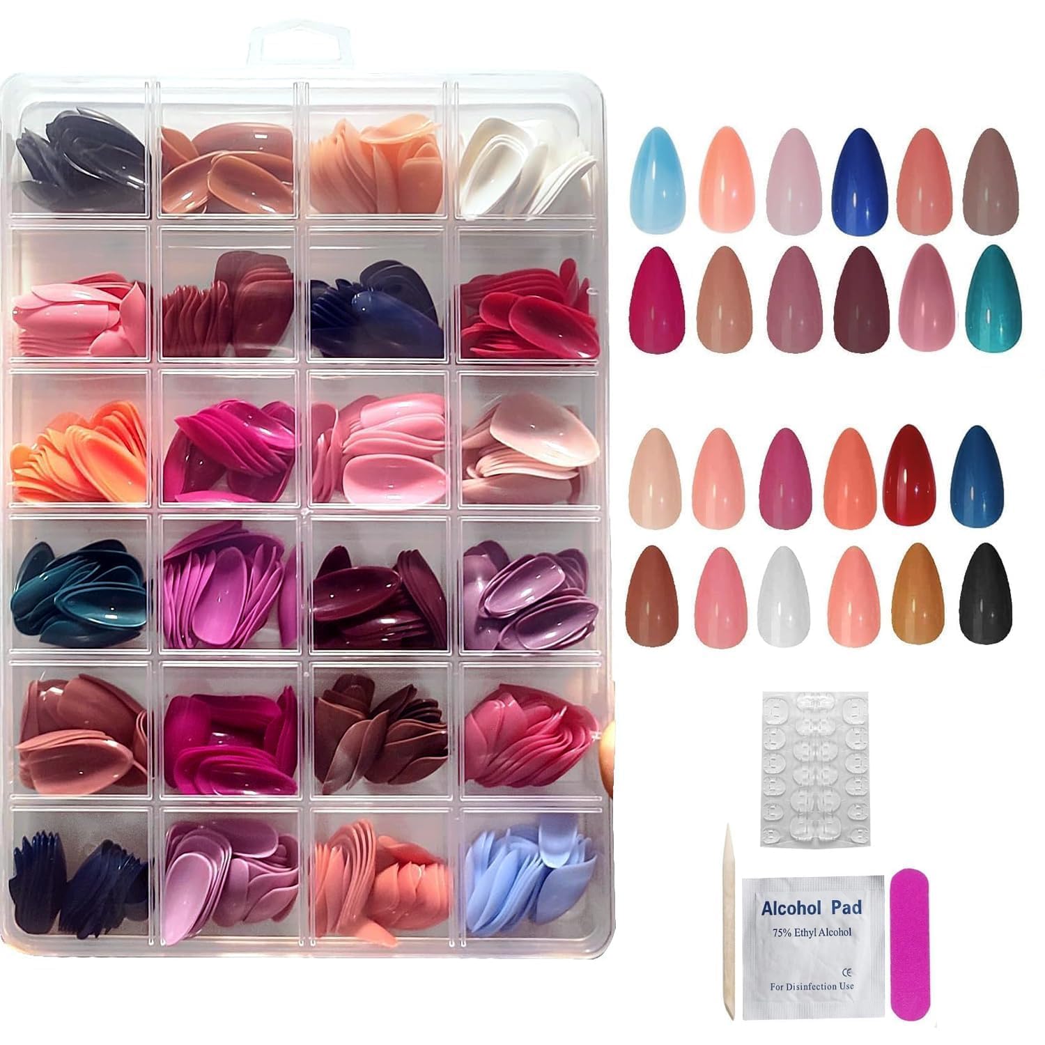Glossy Full Cover Artificial Fingernails with Storage Box - Long Coffin Shape Acrylic Tips for DIY Manicure Nail Art for Women and Girls (Almond)24 Color Press On Nails Set 576 Pcs-image-18