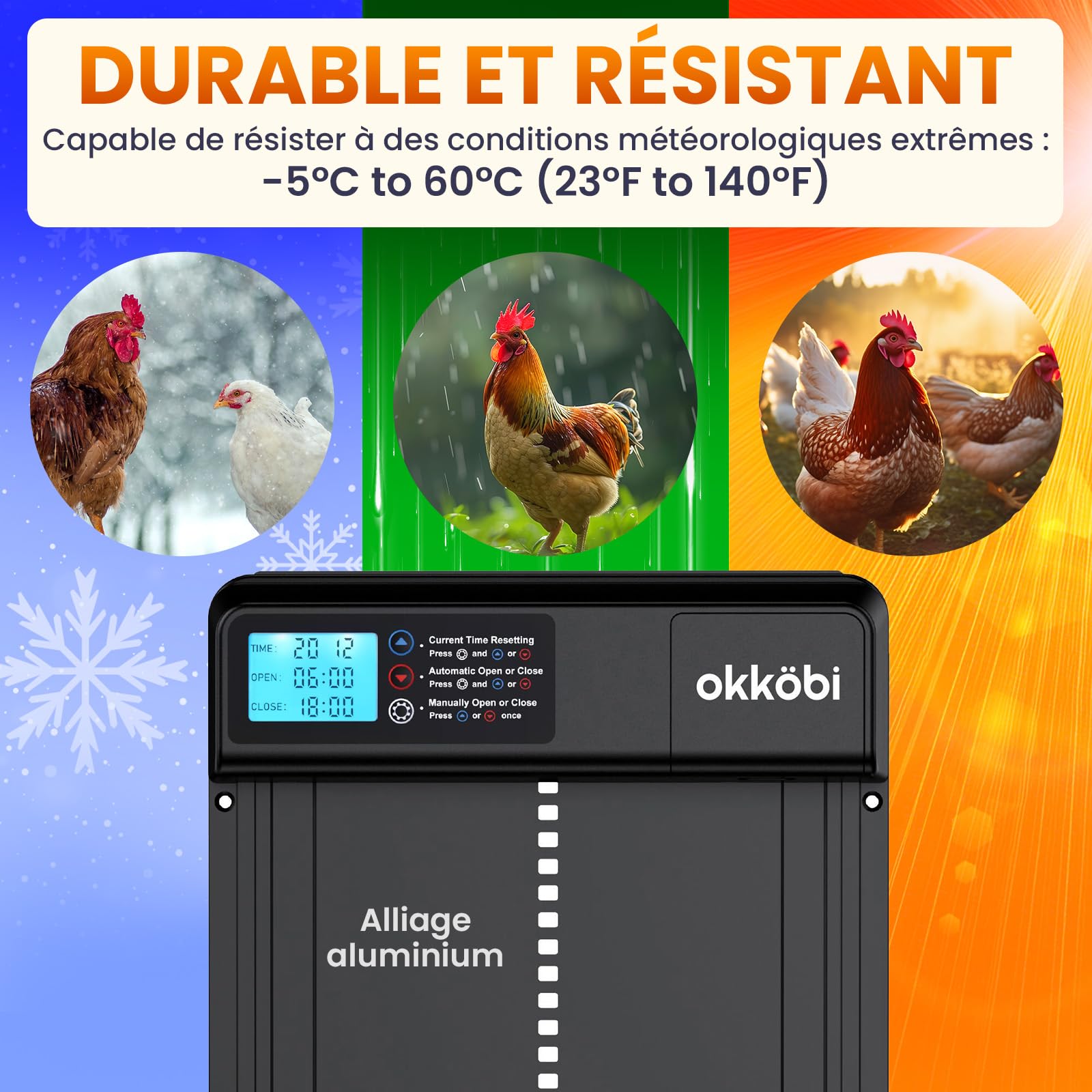 Lite Porte Automatique de Poulailler - À Piles - Écran LCD | Anti-Pincement pour la Sécurité, Résiste de -15 à 60 Degrés Celsius, Compatible avec Canards et Oies - Noir
