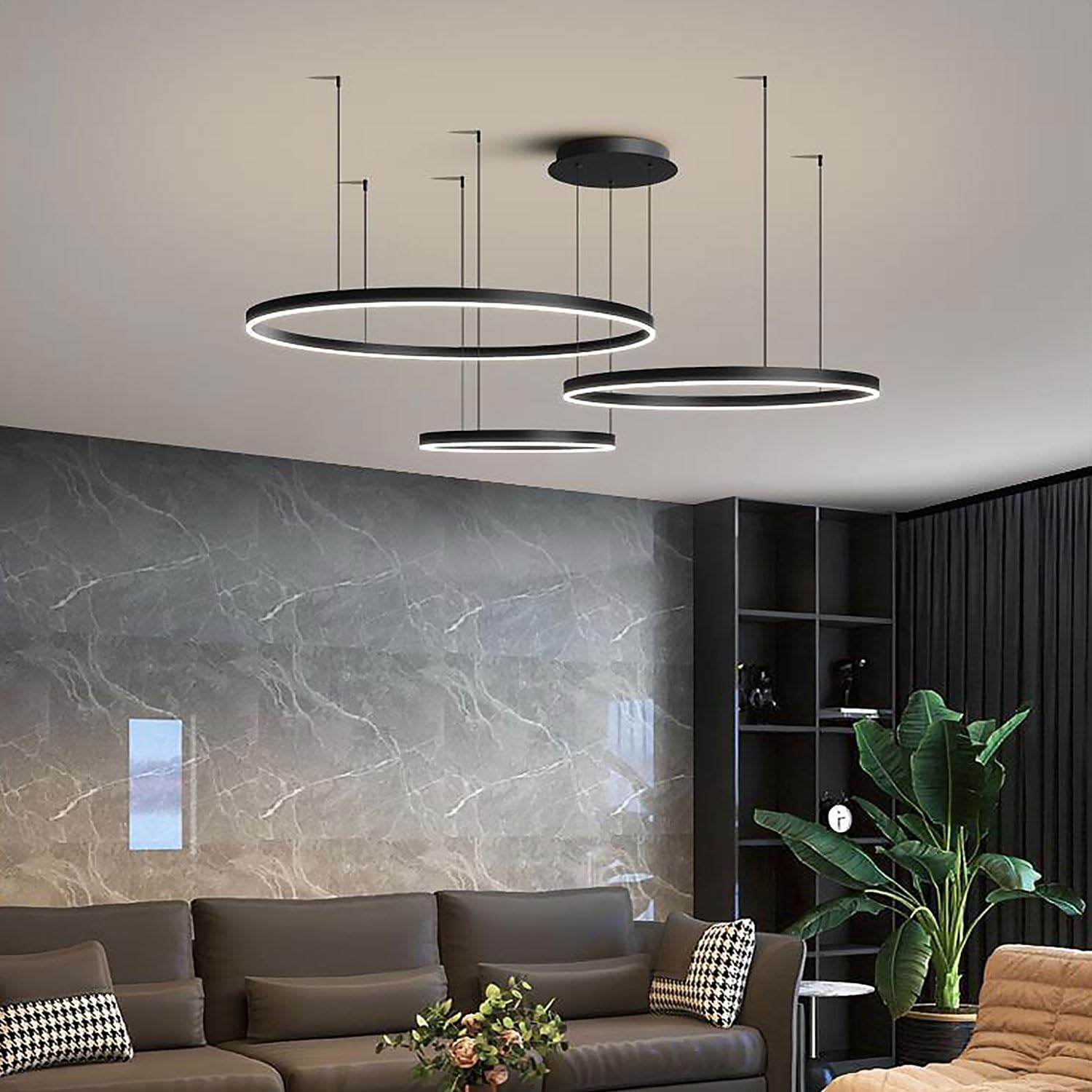 Lampy Wiszace Nowoczesna Restauracja LED Zyrandole Pierścień Ze Zdalnym Sterowaniem Ściemnialne Oświetlenie Sypialni Regulowana Wysokość Dla Salonu Kuchnia Lampy Sufitowe (Color : Black 20+40+60cm)