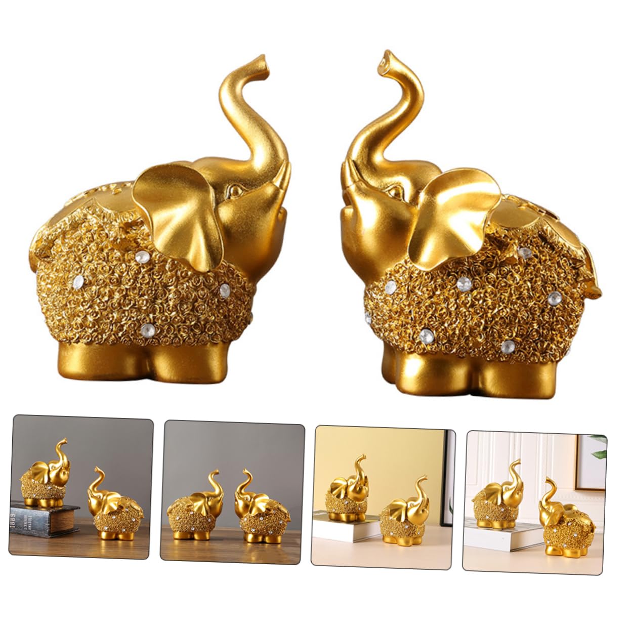Scultura di Elefante in Resina Dorata 2 Pezzi Base Piatta e Lavorazione Fine, Ornamento Decorativo per Interni e Scrivania, per Inaugurazioni e Arredamento Casa
