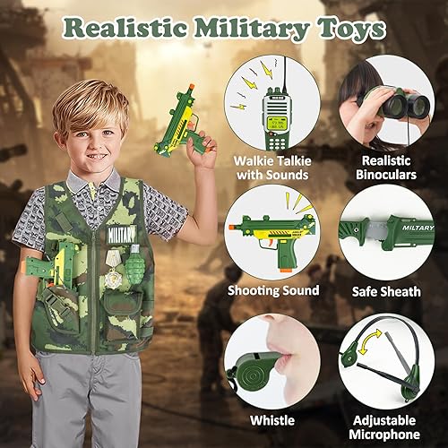 Miniatura 4 de KalaDuck Juguetes del ejército para niños, disfraz del ejército con casco y accesorios de juguetes militares, juego de rol para Halloween, disfraz