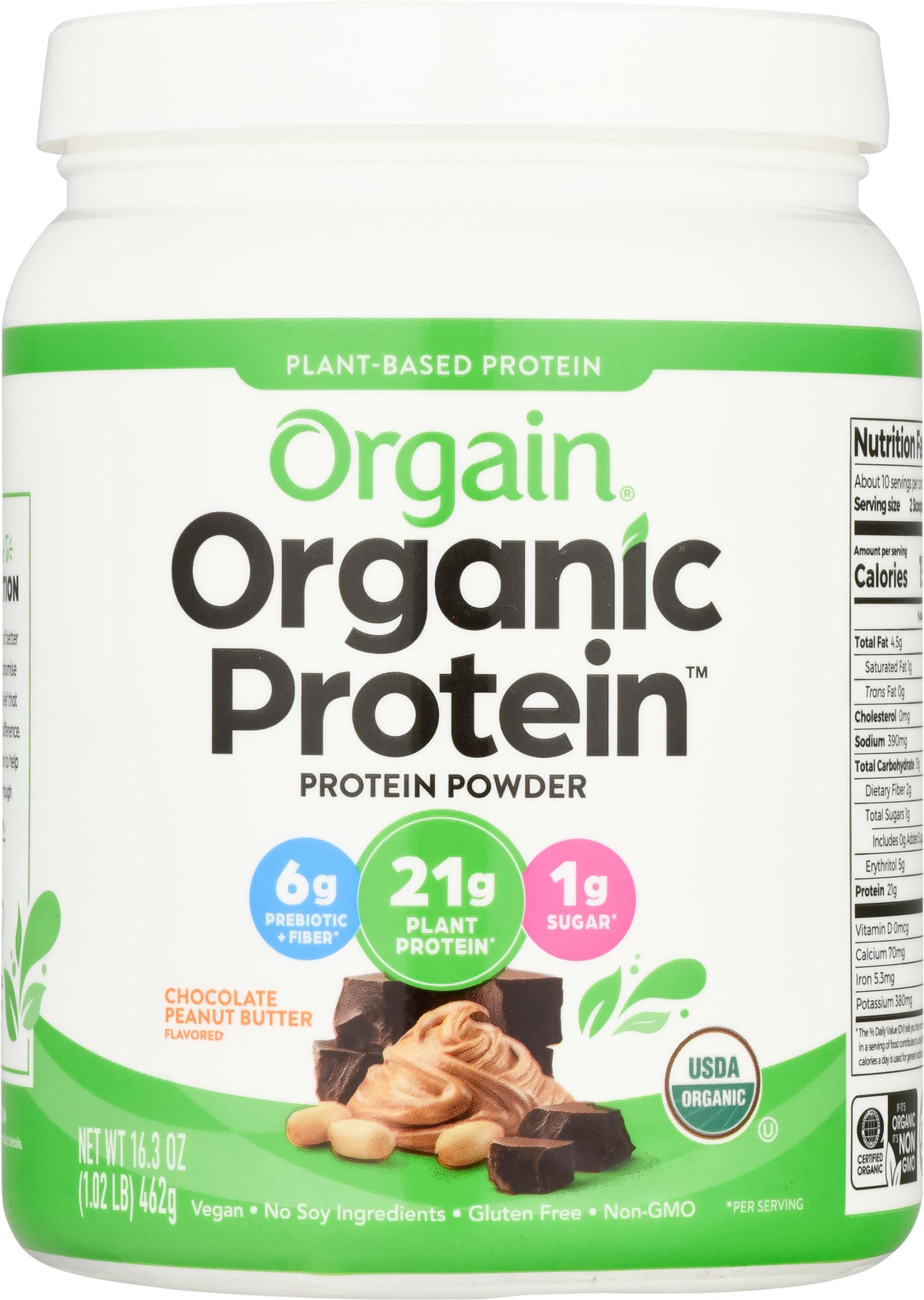 Organic Vegan Protein Powder, Chocolate Peanut Butter - 21g of Plant Based Protein, Low Net Carbs, Non Dairy, Gluten Free, Lactose Free, No Sugar Added, Soy Free, Kosher, 1.02 Pound