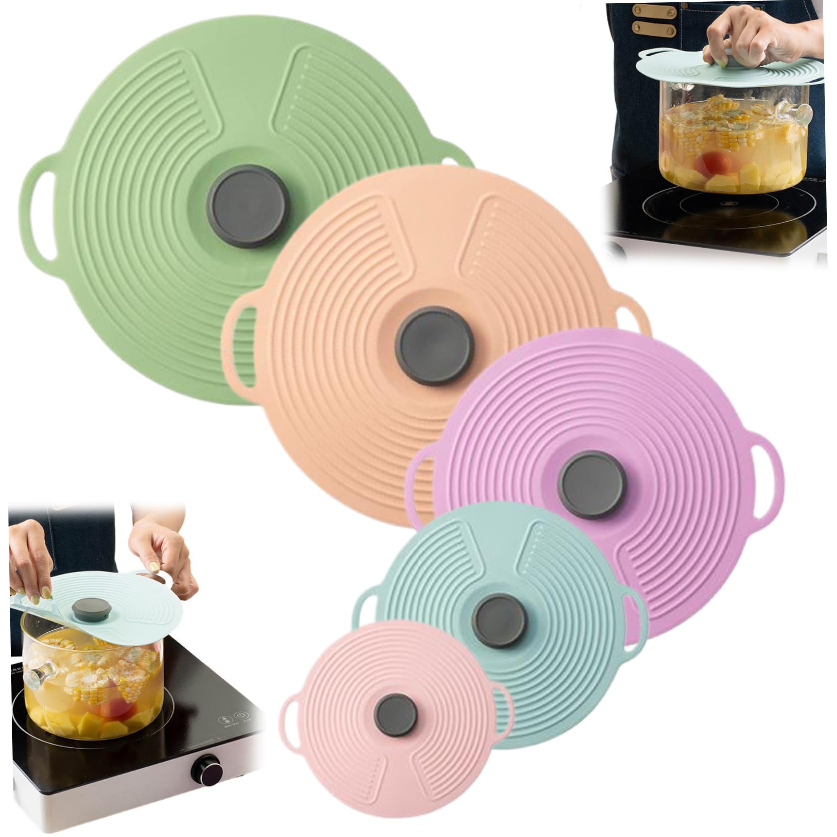 Xweptuy Silicone Lids for Pots & Pans 5Pcs 12.4/9.1/7.9'' Silicone Pot Lids Food Bowl Covers with Handle Reusable Suction Seal Covers for Bowls, Pots, Cups