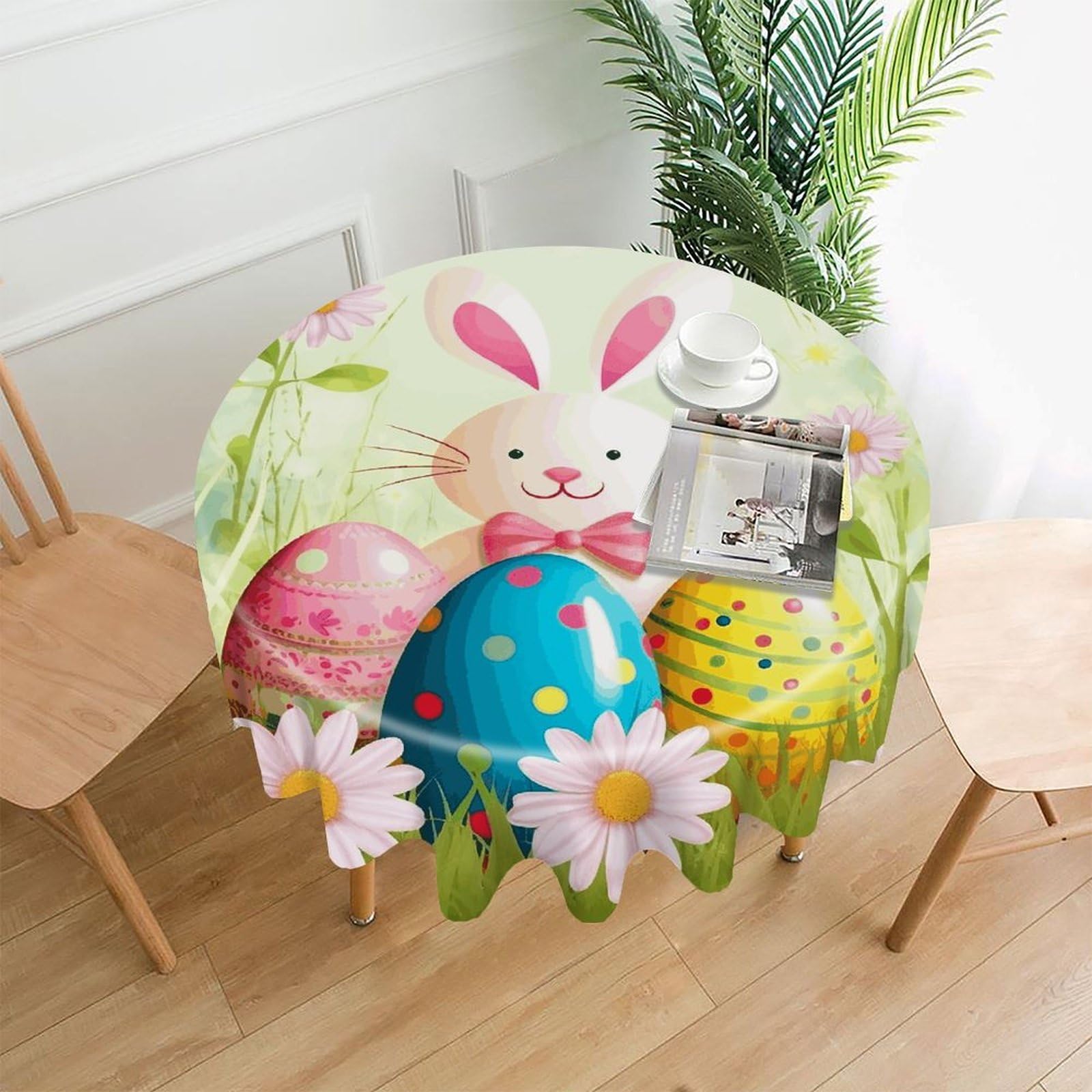 MUSM 60 Inch Spring Happy Easter Holiday Round Tablecloth Wipeable Washable Table Cover for Kitchen and Dining Room Decorative Table Cloth for Party Holiday Picnic Outdoor