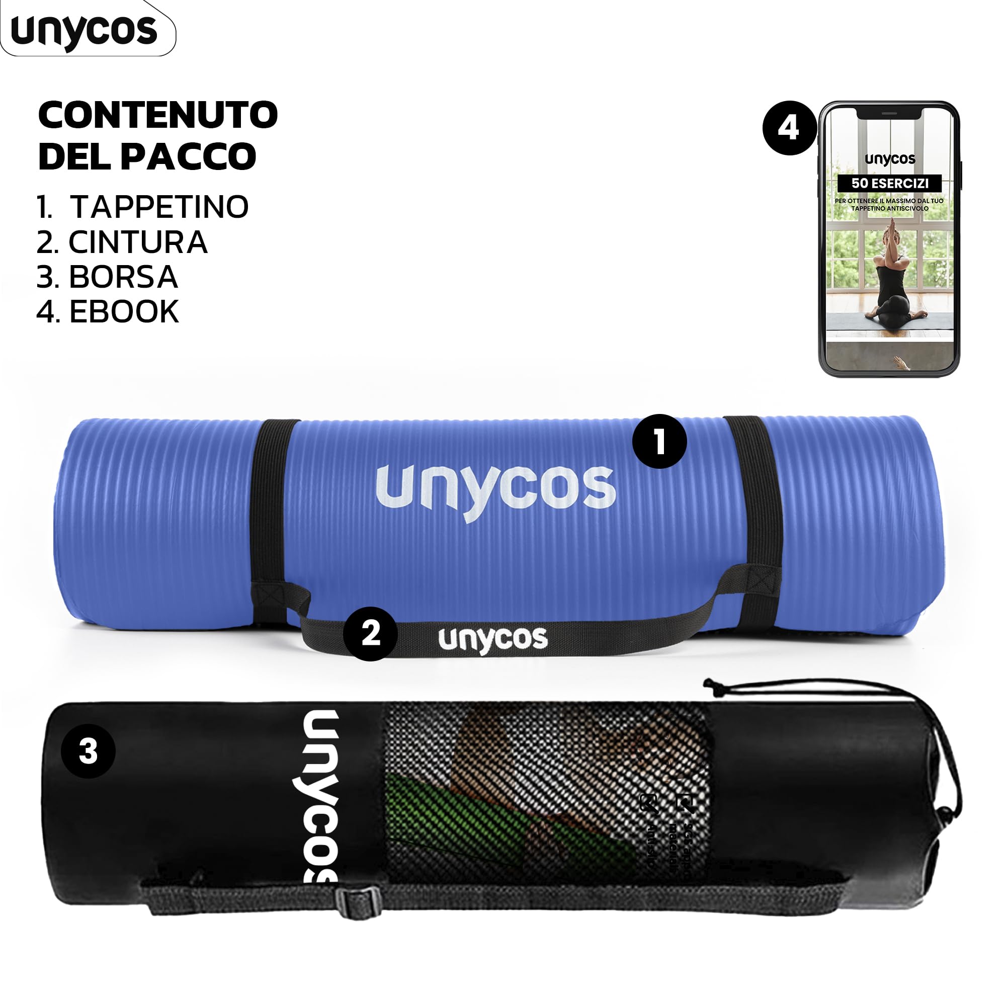 unycos - Tappetino Antiscivolo da Yoga, Pilates e Ginnastica Extra Spesso 10/15 mm, Materassino Fitness con E-Book, Schiuma NBR/Poliestere, Antiscivolo con Borsa a Tracolla, Tappeto per Allenamento