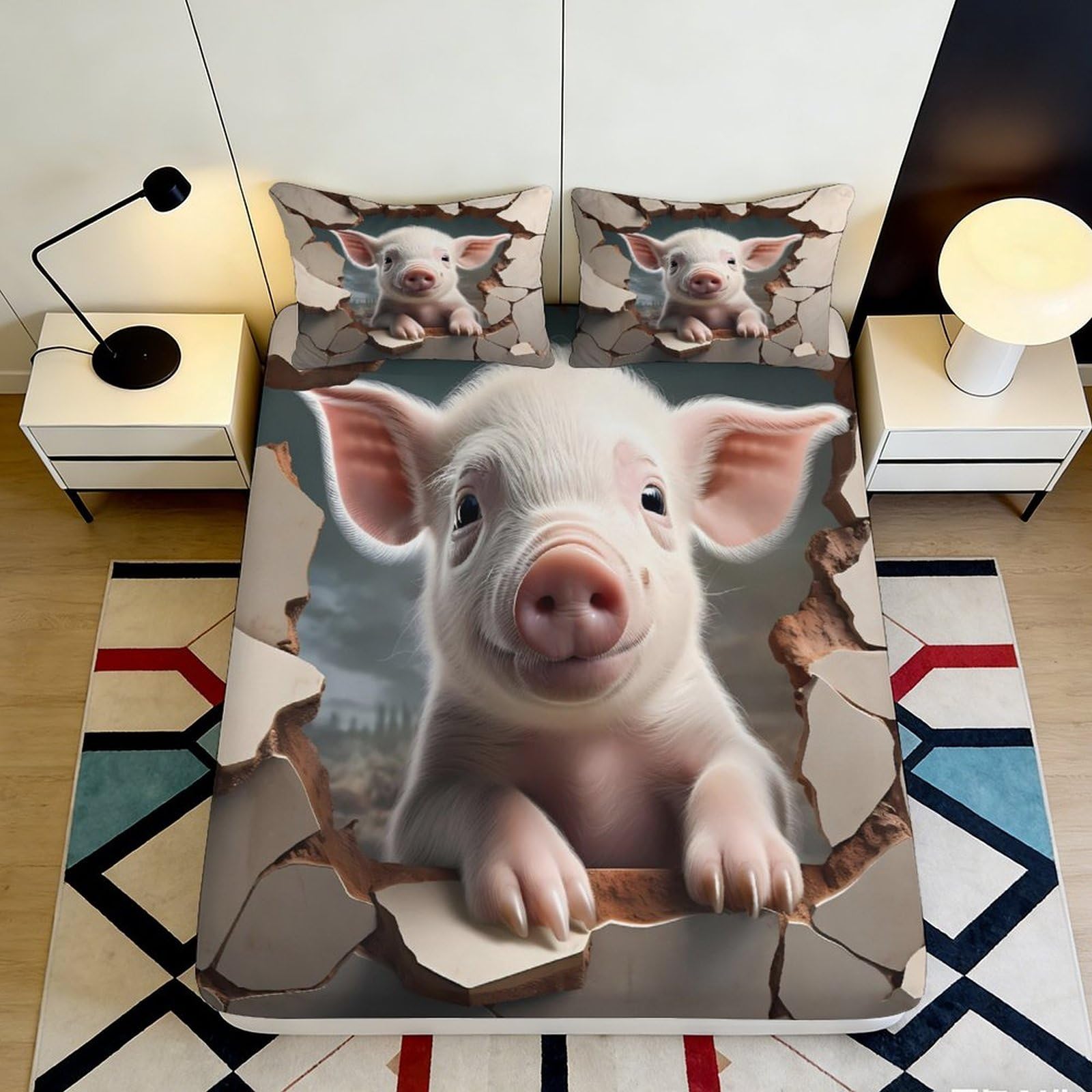 3D Printed Cute Piglet Fitted Sheet Microfiber Soft Breathable 3D Printed Pig Pattern Mattress Cover for Bedroom Dormitory Guest Room Protection Decor 90x200x25cm