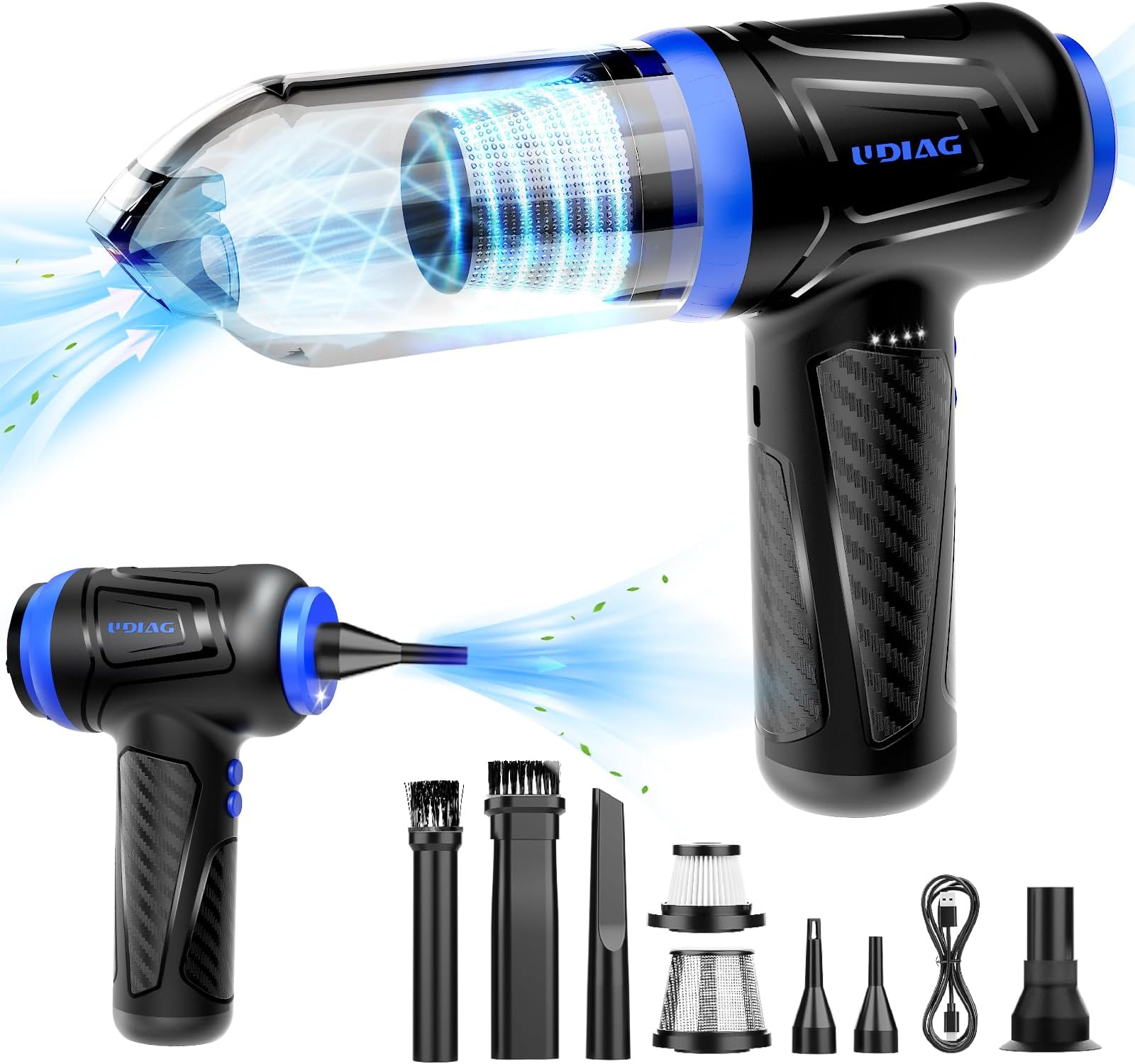 udiagBVC200 Mini Car Vacuum, 22000PA Cordless 3 in 1 Air Blower Pump Keyboard Cleaner, Brushless Motor Super Suction Handheld Vacuum with LED Light, Portable Cleaner Best for Car, Office, Home, Pet