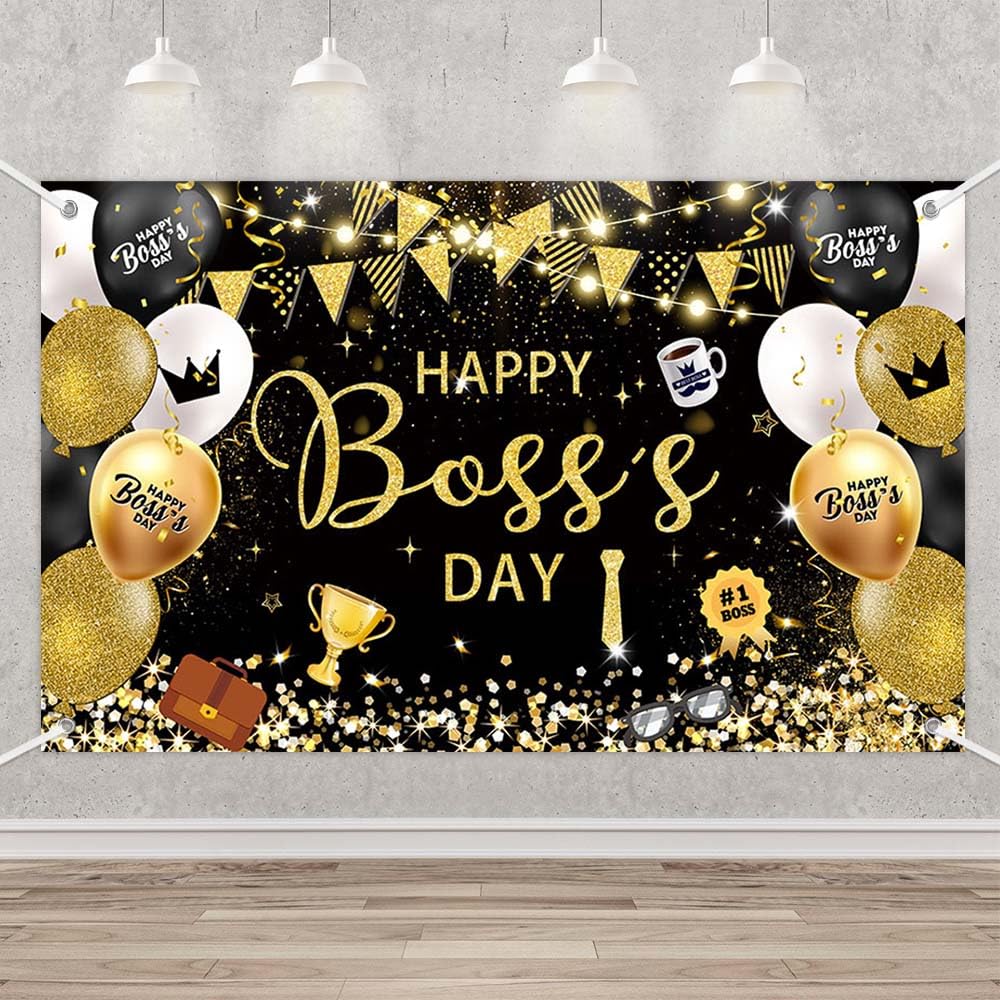 MEHOFOND Happy Boss's Day Backdrop Banner, Black and Gold Best Boss Ever Photography Background, Balloons Flags International Boss's Day Office Party Decor, Cake Table Banner, Photo Prop 70.8x43.3Inch