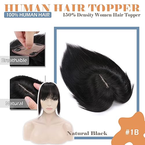 Miniatura 7 de Toppers de cabello humano con flequillo, base de seda, extensiones de cabello con clip en la parte superior, extensiones de cabello de repuesto con