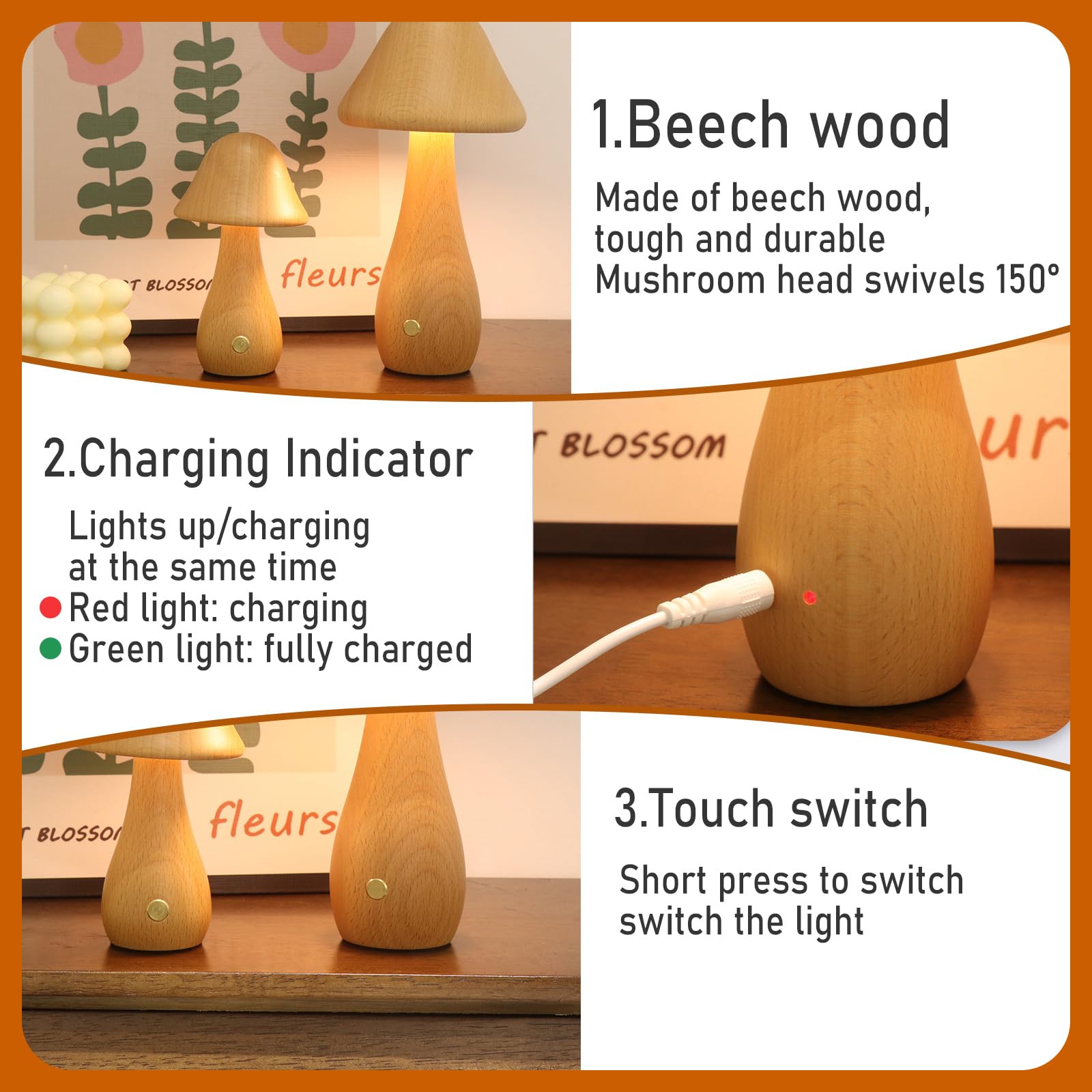 Gotrain Paddestoellamp met mosbasis, 3 lichtjes, dimbare paddenstoel, nachtlampje, bedlamp, led-houten paddenstoellamp voor woonkamer, draadloos opladen via USB (groot