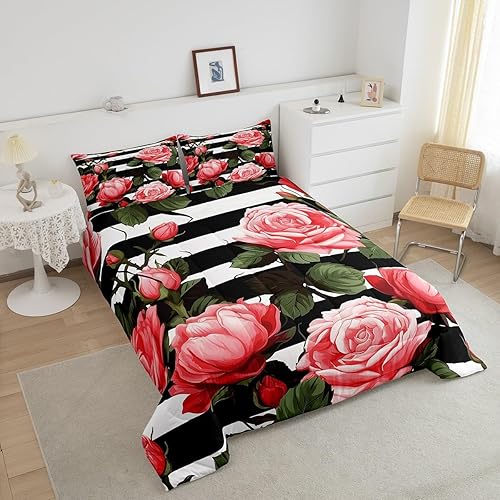 Miniatura 3 de Erosebridal Juego de edredón de flores rojas y rosas, juegos de ropa de cama a rayas blancas y negras, relleno de edredón floral botánico, edredón