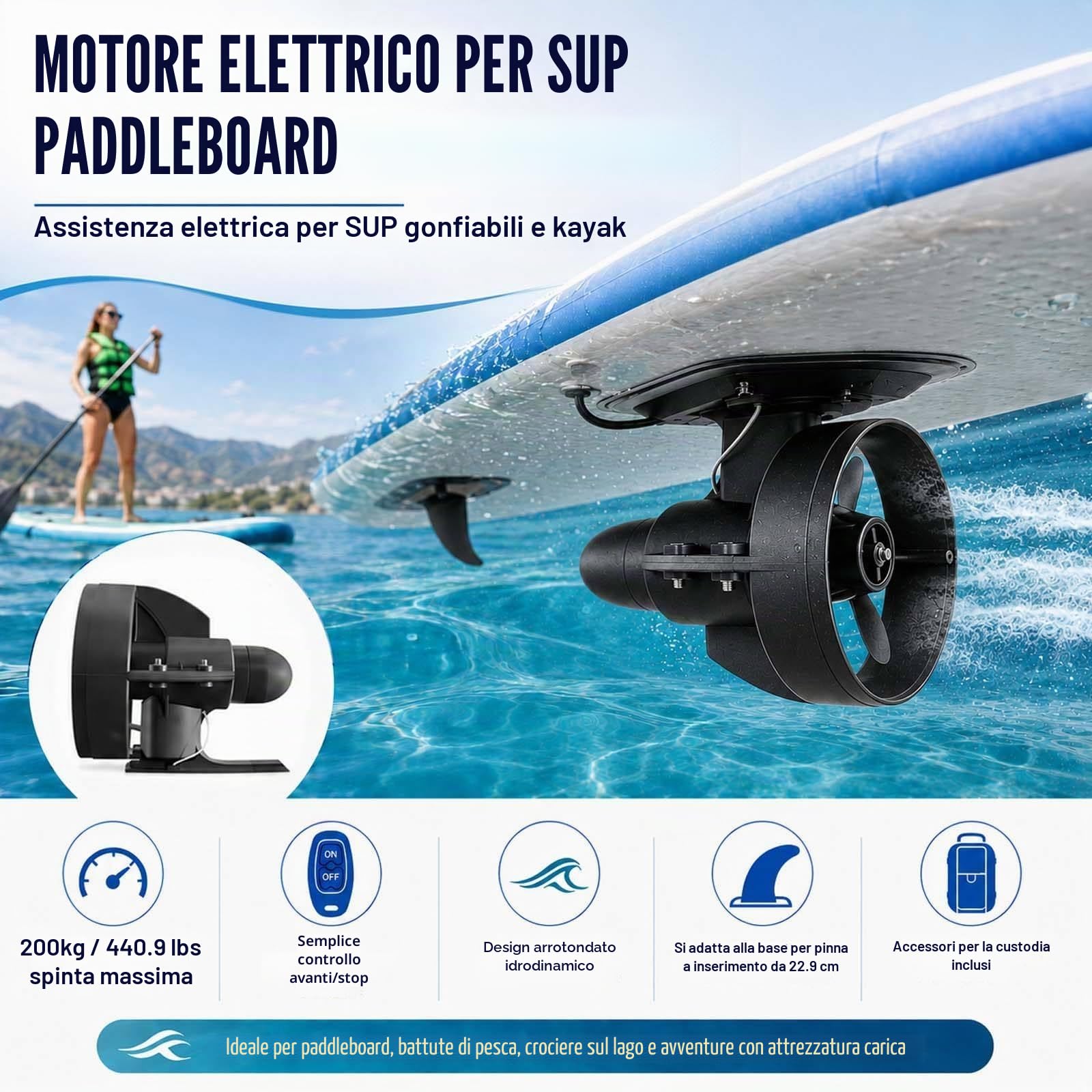 Motore Elettrico a Pinna per SUP, Propulsore Subacqueo a 12V per Kayak e Paddle Board, Kit con Batteria, Telecomando e Borsa 288W