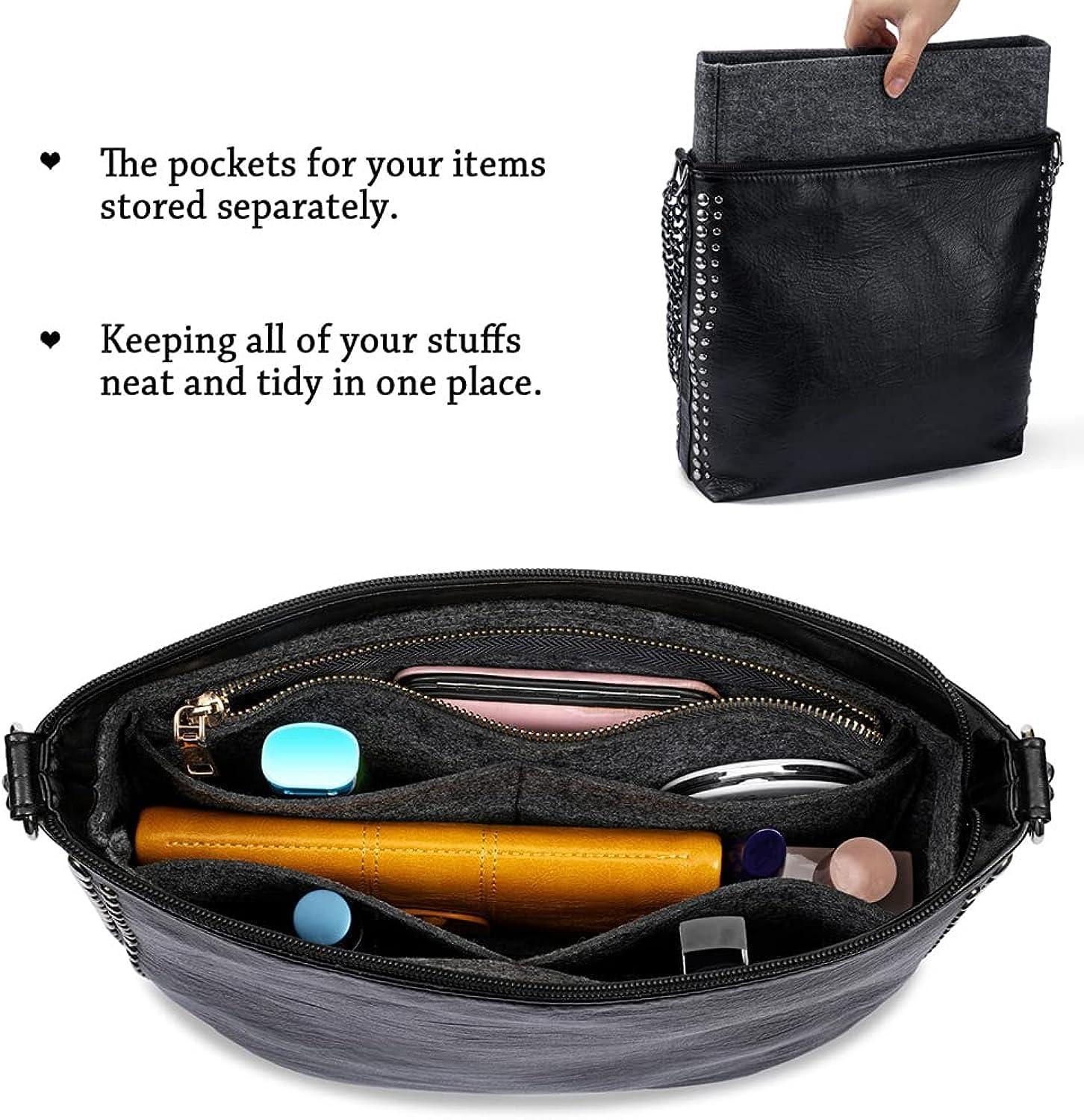 GREENSHEEP Small Purse Organizer with Zipper, Felt Insert Bag Organizer Handbag Tote Liner Pouch for Women (Small, Dark Grey) 4