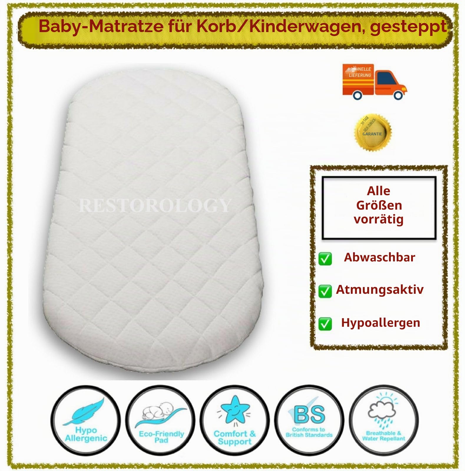 Restorology Ovale Matratze für Babykörbchen, doppelseitig, hypoallergen, passend für Tommee Tippee Sleepee, Mamas & Papas, abnehmbarer Bezug (74 x 28 x 4 cm)
