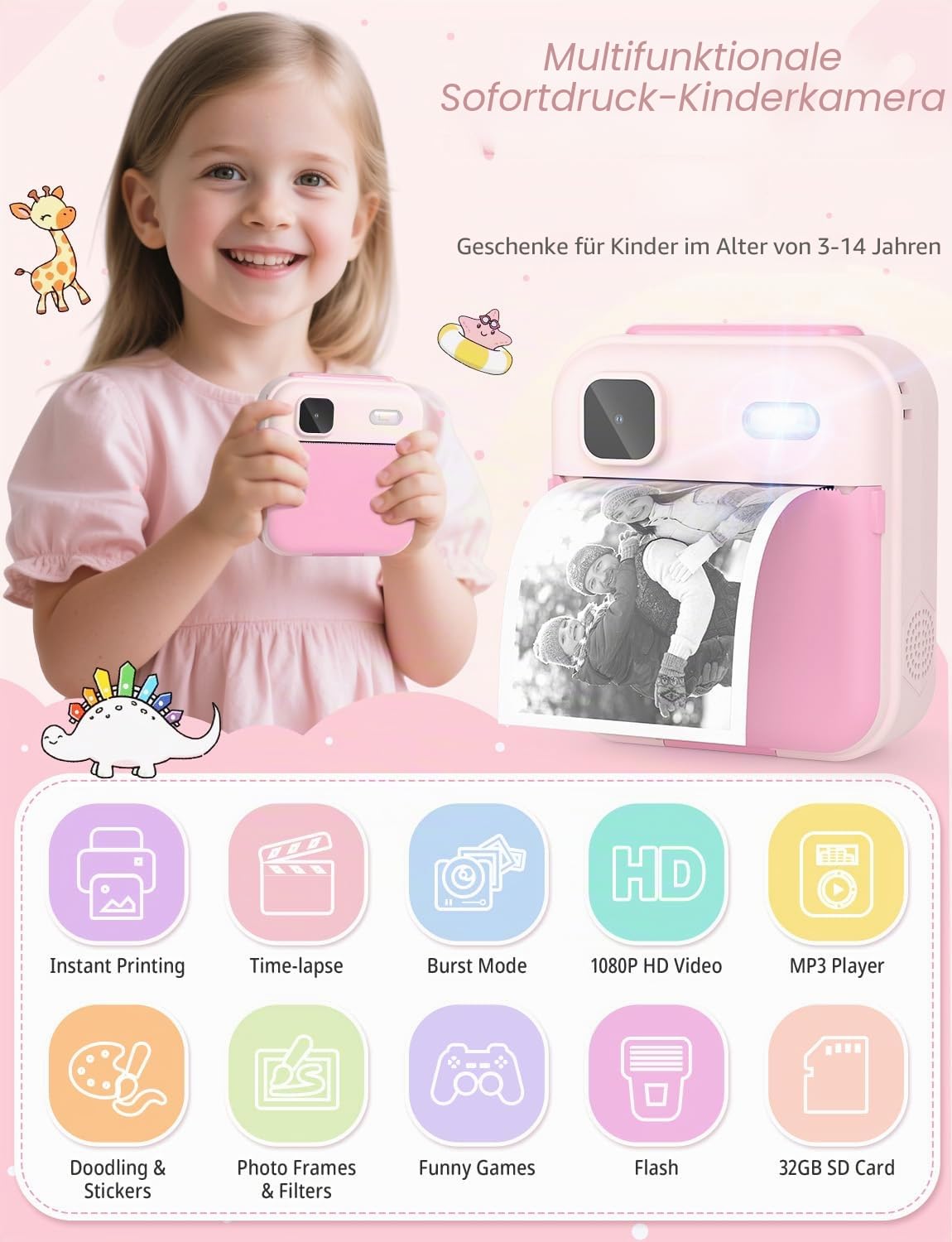 YOHOOLYO Sofortbildkamera Kinder 2,4 Zoll 1080P HD Kinderkamera mit 3 Rollen Druckpapier 32GB Karte Farbigen Stiften Aufkleber Geschenke für Jungen und Mädchen 3-12 Jahre (Rosa)