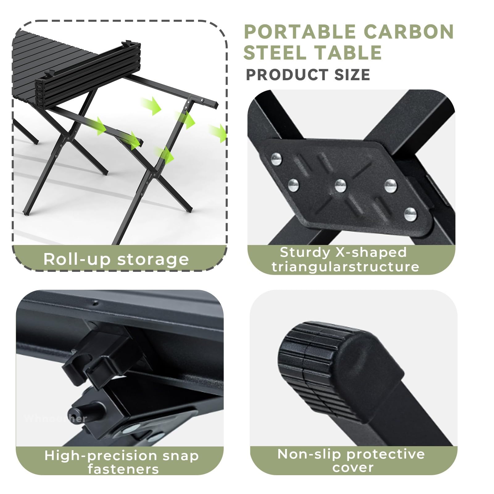 Mesa de Camping Marco de Acero Plegable con Bolsa de Transporte Superior Enrollable Mesas Impermeables de Acero al Carbono ultraligeras Pequeña Mesa utilitaria(Negro,60cm)