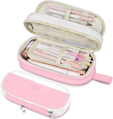 Miniatura 10 de Sooez Estuche grande para lápices, bolsa de lápices expandible con 5 compartimentos, organizador de lona de gran capacidad con cremallera, bolsa