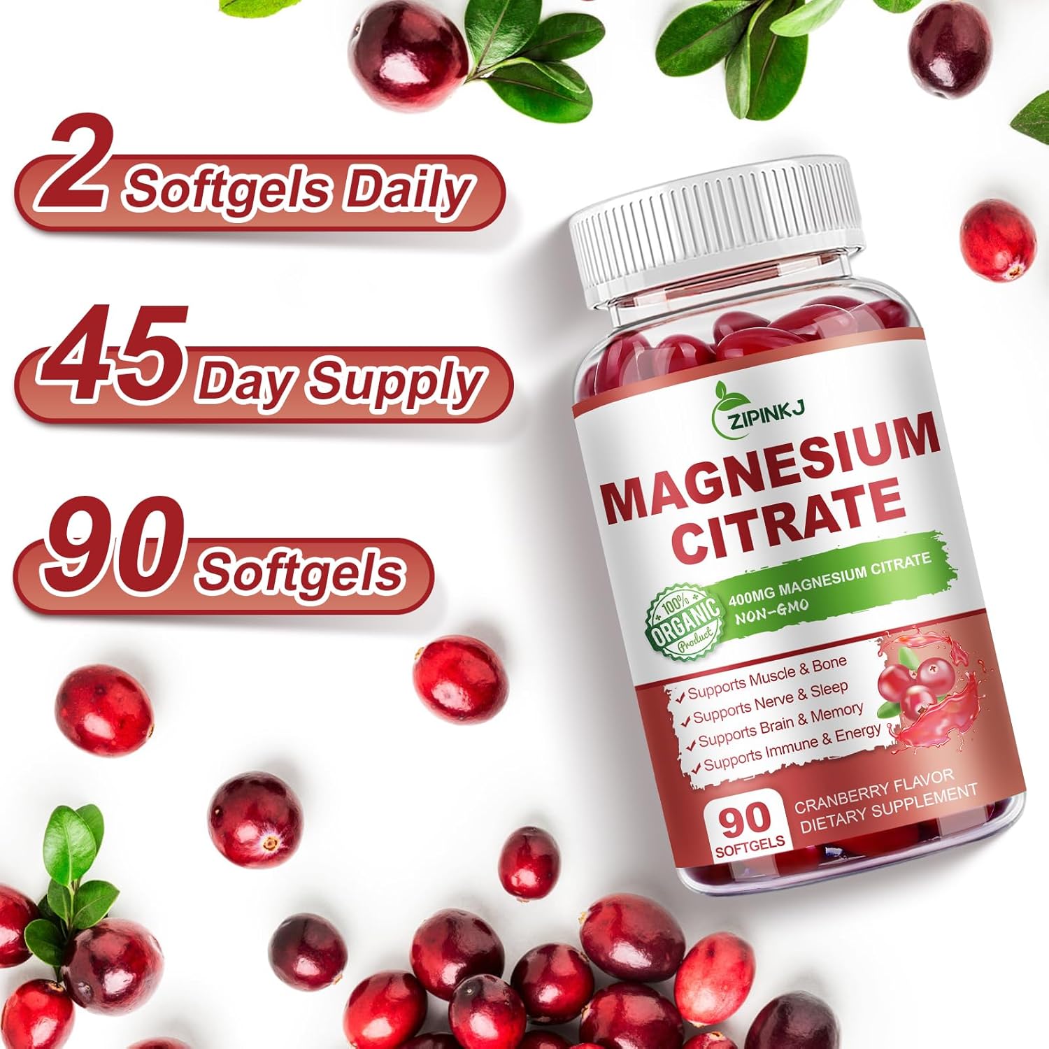 Magnesium Citrate Supplements for Women/Men, Magnesium Citrate 400mg with Vitamin D3, Vitamin B6 and Cranberry Extract High Absorption, Improved Night Quality Muscle & Bone, 180-Count, 90 Days Supply