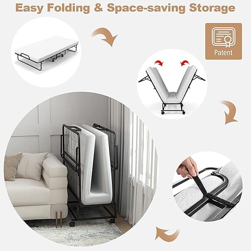 Miniatura 5 de HAPPYGRILL Cama plegable con colchón de 4 pulgadas, cama plegable de tamaño individual con marco de acero resistente, fácil almacenamiento, 4 ruedas