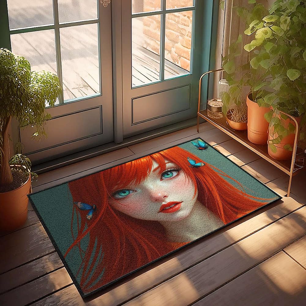 Tapis de porte 65x90 cm fille aux cheveux roux pour stopper la saleté en cuisine et bar