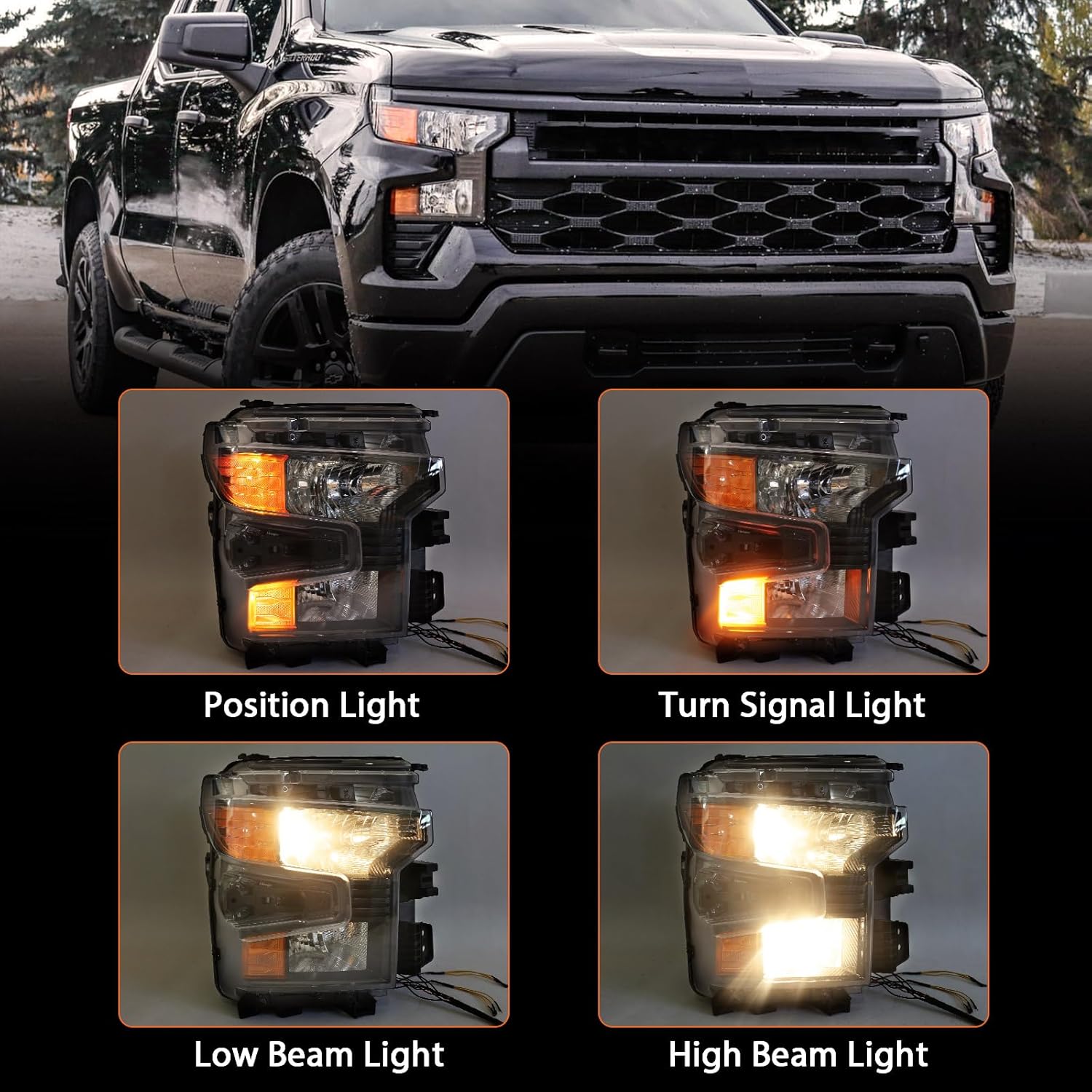 Halogen Headlight Assembly Compatible with Chevy Silverado 1500 2022 2023 2024 LED DRL Replacement Head Light Lamp Right Passenger Side