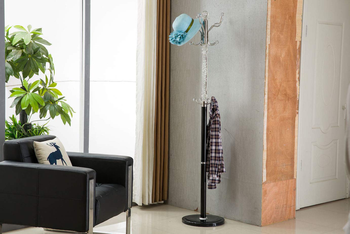 Modernique® Sheer Metal and transparent Tube 185 cm High Coat Rack with Heavy Sturdy 38 cm Base. Different Height and all around 14 hooks positioned. Black Brown Gold & White. (Black)