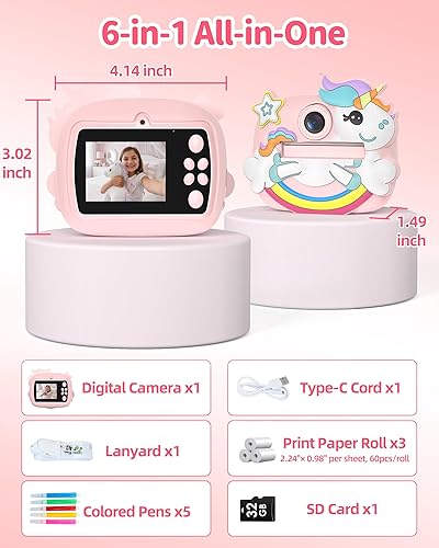 Miniatura 8 de Cámara de impresión instantánea para niños, cámara instantánea de video 1080P para niños, regalo de cumpleaños de Navidad para niñas y niños de 3,