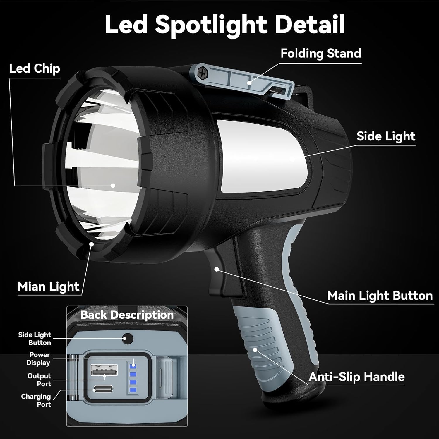 Rechargeable Spotlight Flashlight, 99,000 Lumen Super Bright Led Spotlight with 6 Modes & Foldable Tripod, Powerful Spot Light 30H Long Runtime, Handheld Spot Light for Outdoor Boating Hµnting