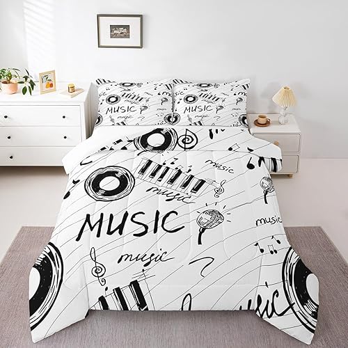 Miniatura 6 de Juego de edredón con temática musical, edredón de notas musicales en blanco y negro para niños y niñas, juego de ropa de cama musical retro,