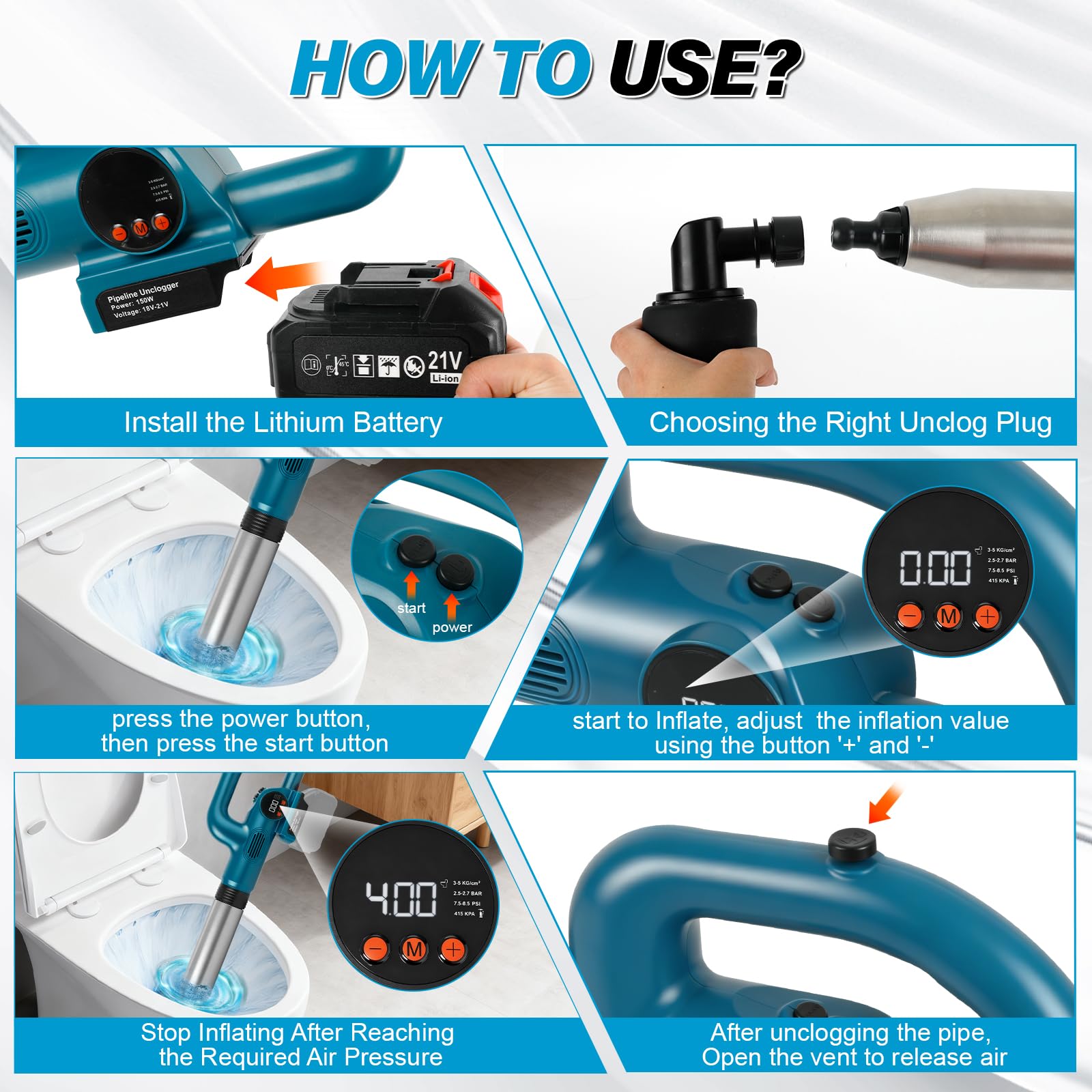 Kabelloser Abflussreiniger für Makita 18V-Akku (ohne Batterie) | 120W Akku-Rohrreiniger, mit 4 Aufsätzen, Druckanzeige, max. Druck 8 bar, für Toiletten, Waschbecken, Badewannen