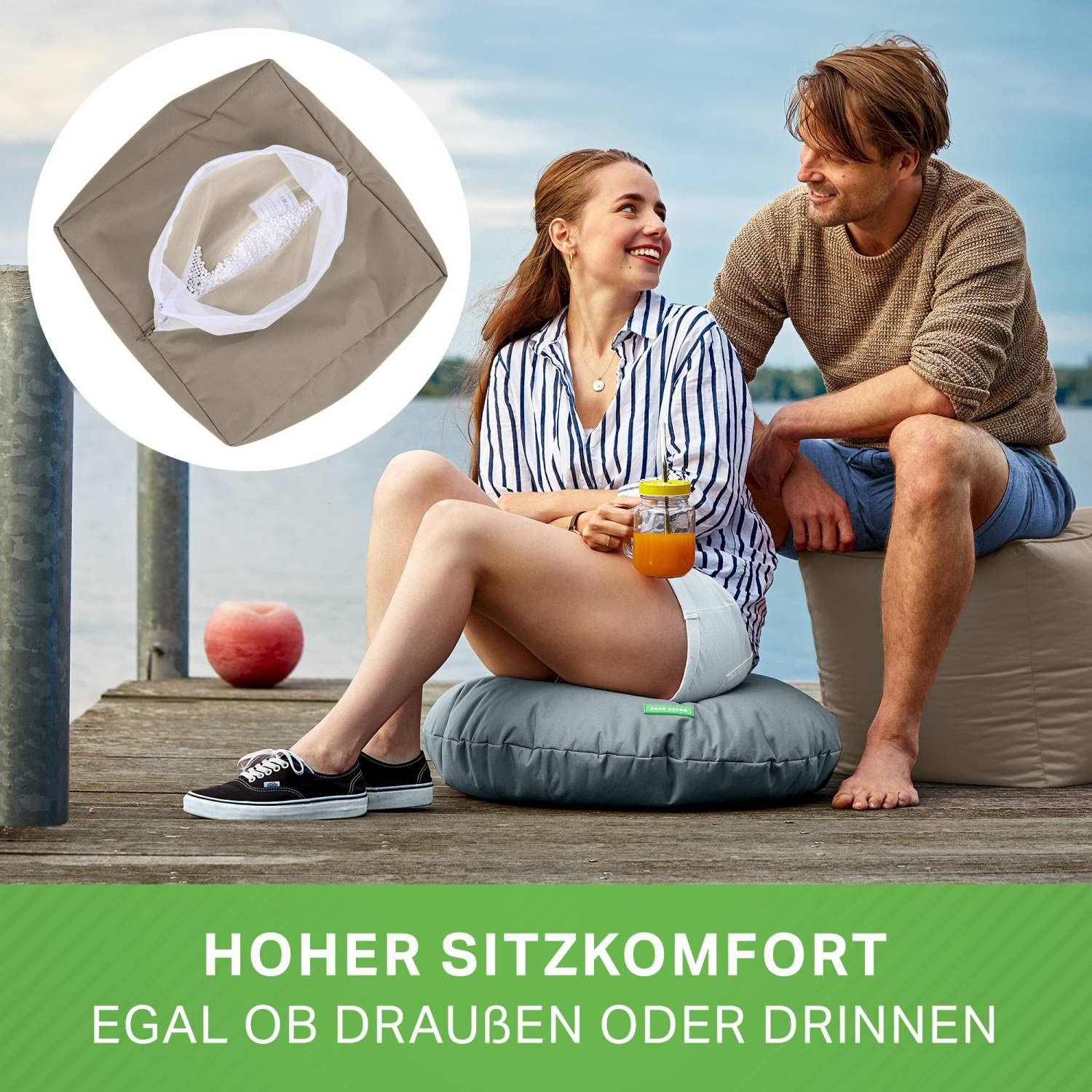 Green Bean Outdor Pouf-Hocker 40x40x40cm mit EPS-Perlen Füllung - Erweiterung & Addon für Sitzsäcke: Fußhocker Fußkissen - Bodenkissen Kinder & Erwachsene - Fußablage Sitzkissen Khaki