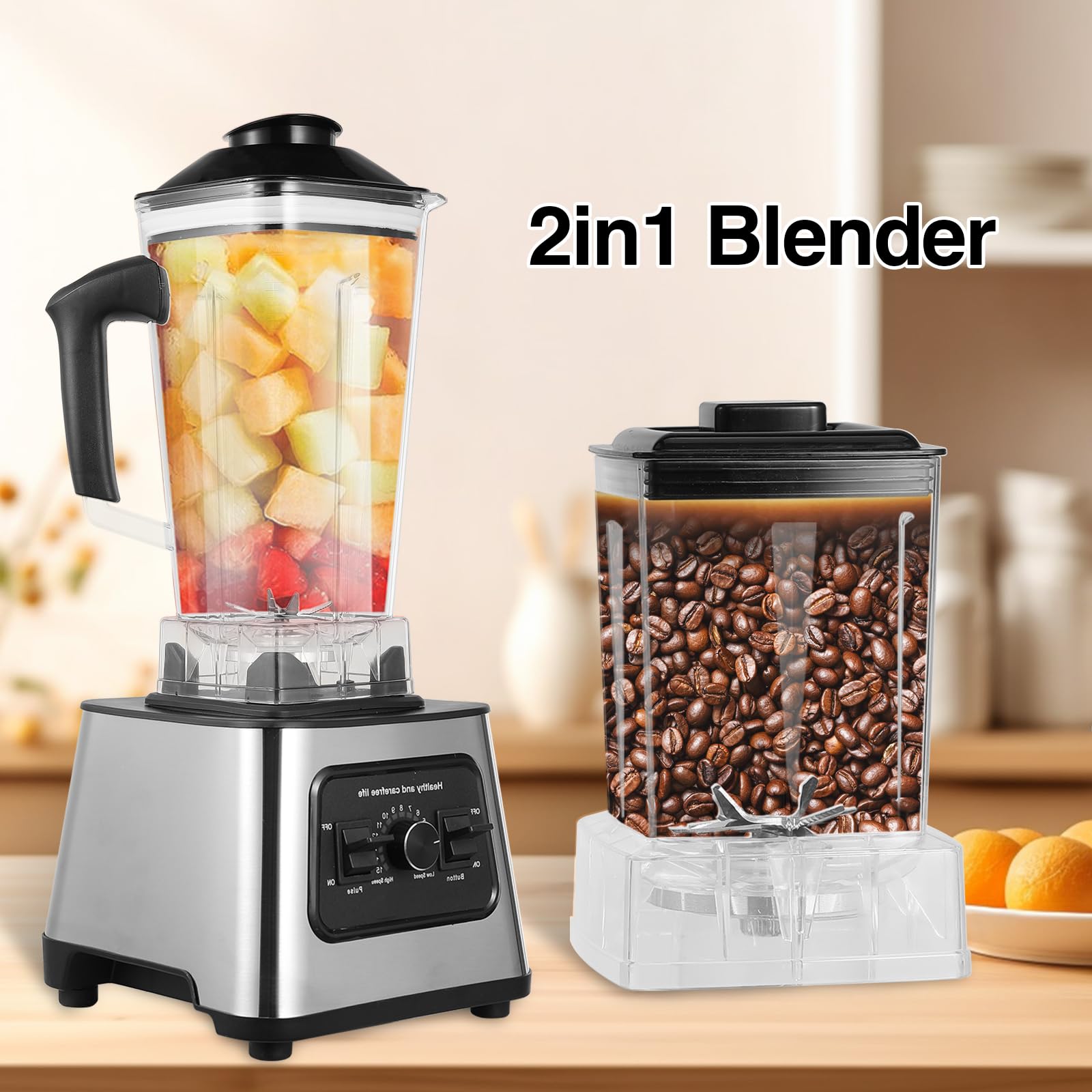 2-En-1 Blender Mixeur 6000w, 2.5l Professionnel Blender Smoothie, Mixeur Haute Vitesse Sans Bpa, 9 Vitesses, Avec 4 Lames, Pour Glace PiléE, Jus, Smoothie, Fruits, LéGumes, Noix