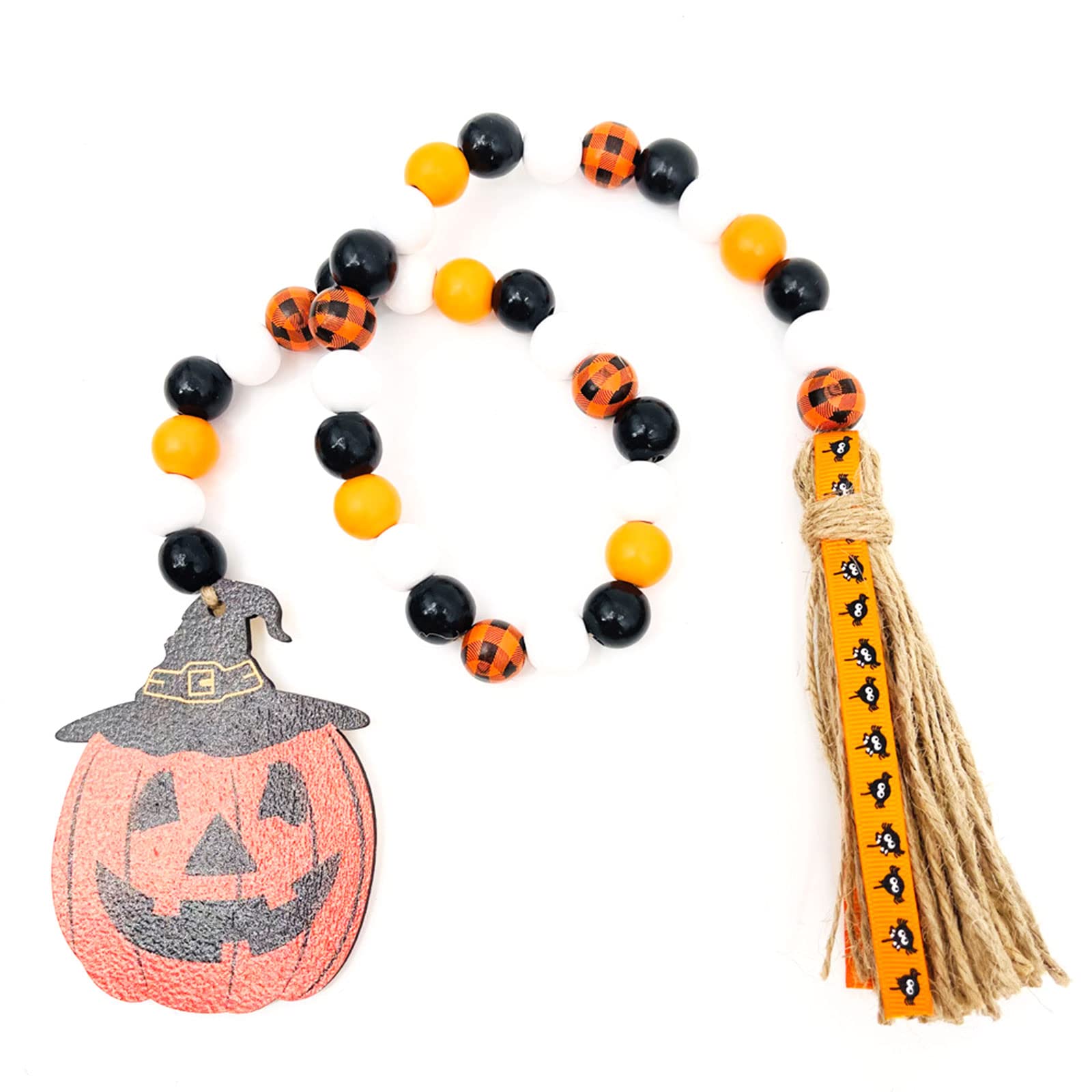 Xinsheinelry Halloween Wooden Bead Tassels with Pumpkin Tray Decor Party Farmhouse Country Beads Garland Decoration Wooden Beads Wreath